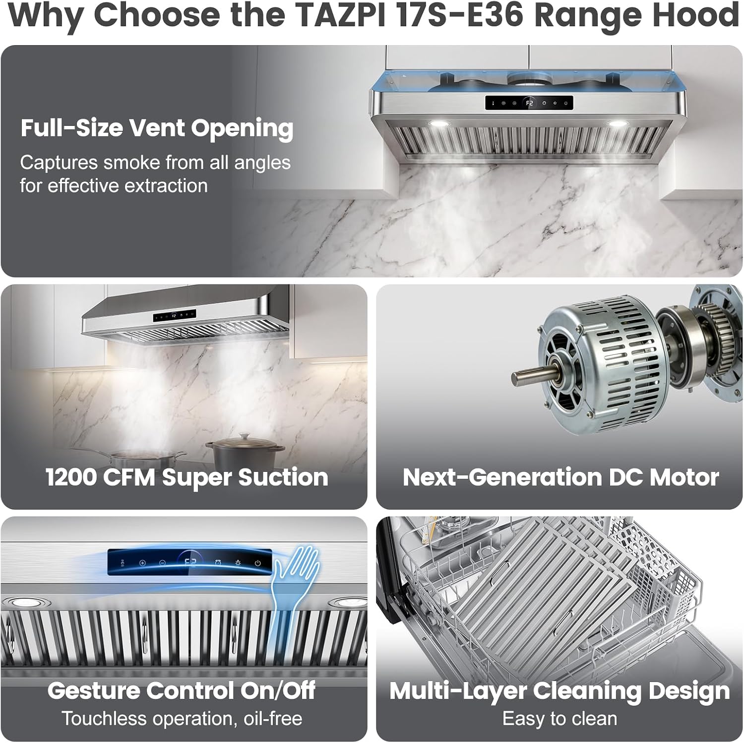 36 Inch Under Cabinet Range Hood 1200CFM, 4-Speed Kitchen Hood with Touch Control & Gesture Sensing Stainless Steel Kitchen Stove Vent Hoods, Supports Only Duct Installation