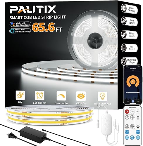 Miniatura 11 de PAUTIX Tiras de luces LED COB 65.6 pies/20m blanco cálido 2700K, compatible con Alexa/Google Assistant, tiras LED regulables para dormitorio,