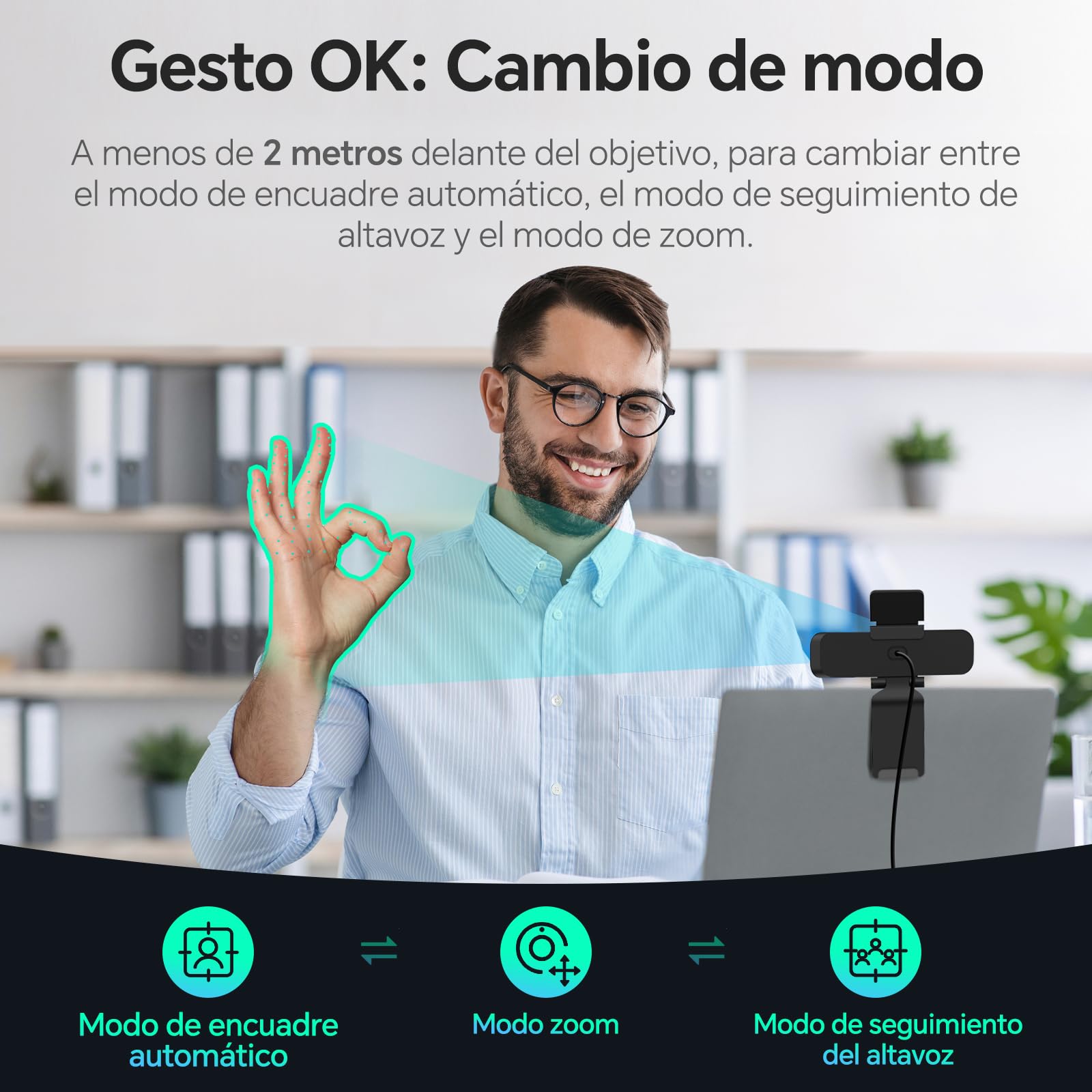 Cámara Web 4k PC con micrófono con supresión de Ruido, 3 Modos AI y 2 Controles por Gestos, Gran Angular, cámara USB 4k para videoconferencia PC Mac portátil, Streaming en Directo