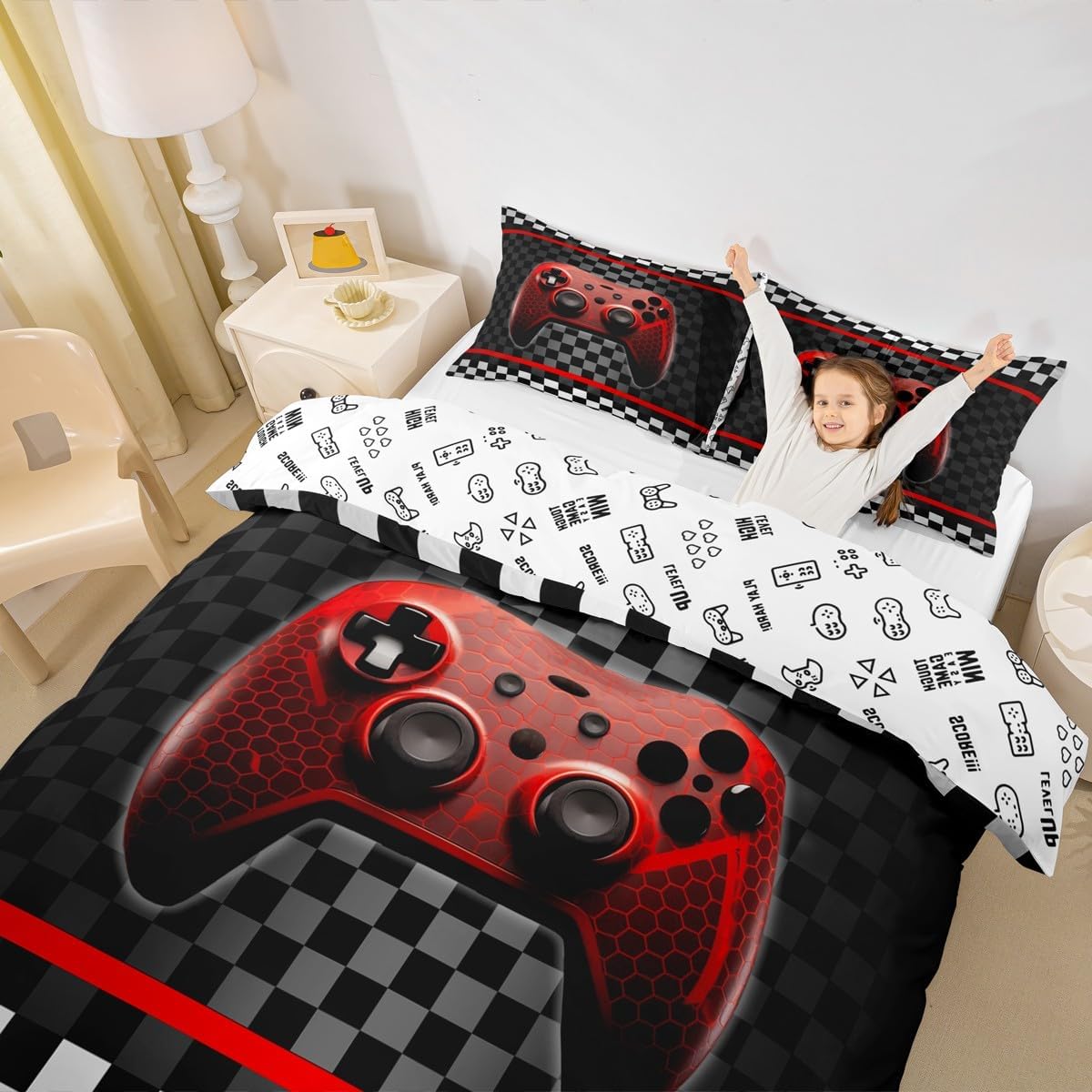 Boys Gamers Gamepad Duvet Cover,Video Gamers Bedding Set for Kids Teens Girls Room Decor,Red Black White Grid Patchwork Comforter Cover Racing Gaming Reversible Quilt Cover Twin Size,1 Pillowcase