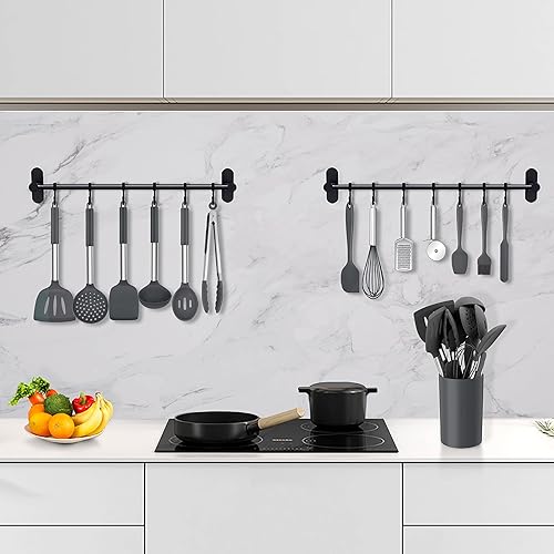 Miniatura 7 de Homikit 17 utensilios de cocina de silicona con soporte, juego de utensilios de cocina grises, mango de acero inoxidable, herramientas de cocina