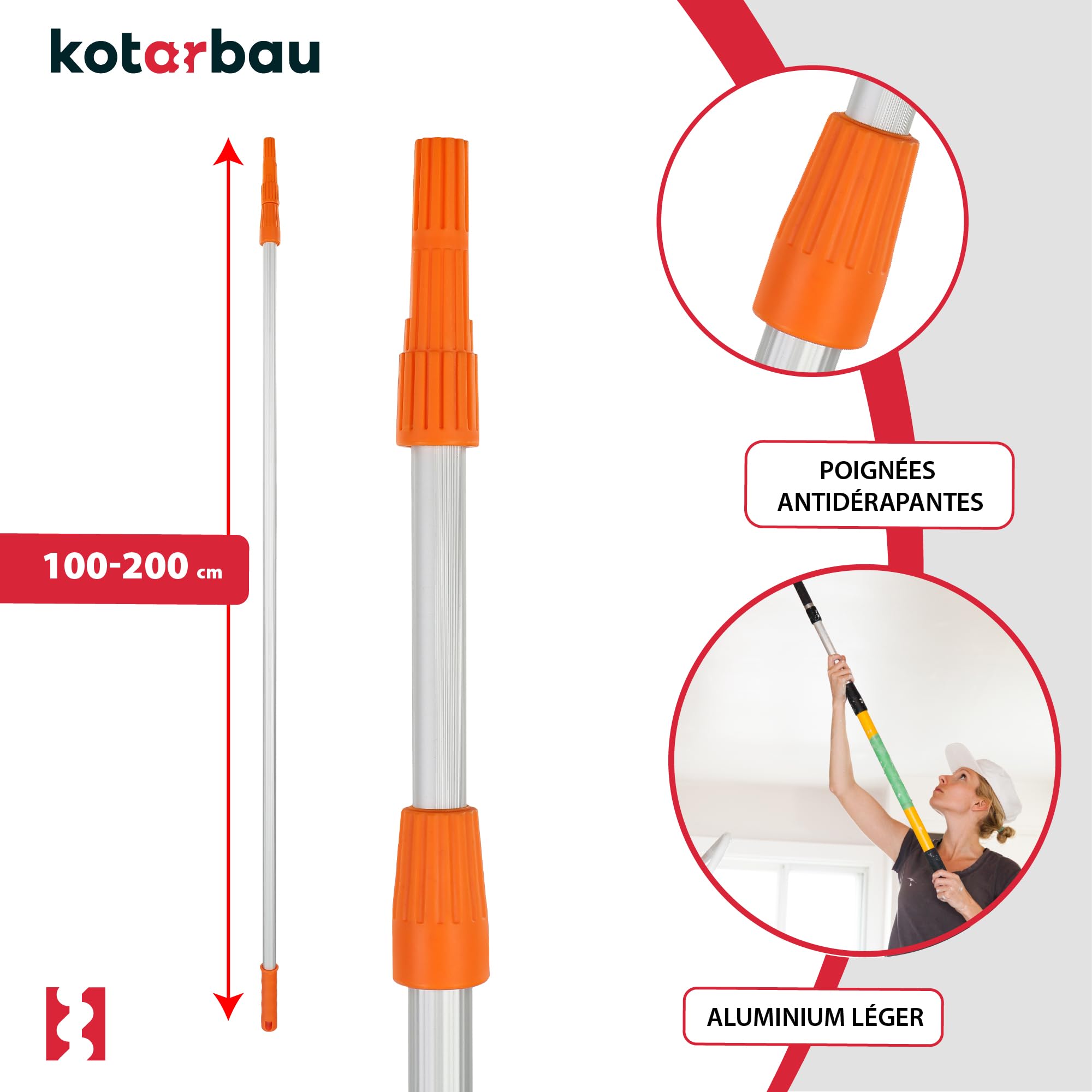 KOTARBAU® Tige Télescopique en métal Aluminium pour Rouleaux de Peinture 100-200 cm | Perche Peinture | Perche Rouleau Peinture | Perche Telescopique Peinture | Manche Telescopique Peinture