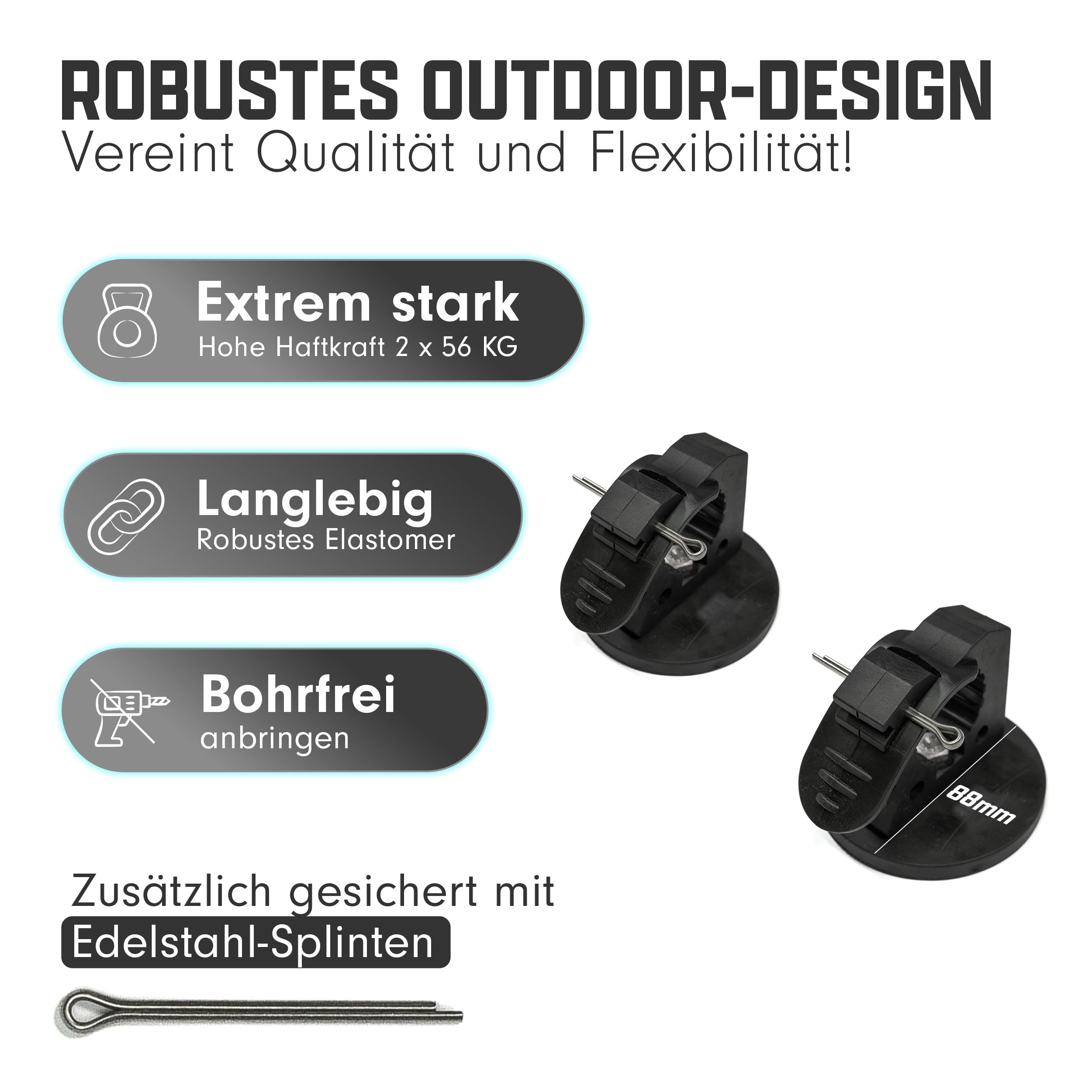Campnetic Magnethalterungen für Schaufel, Axt, Spaten - 2er Set | Mit Splinten, Schaufelhalter, Axthalter, Magnetisch, Offroad & Camper Zubehör, 2 x 56kg gummierte Magnete