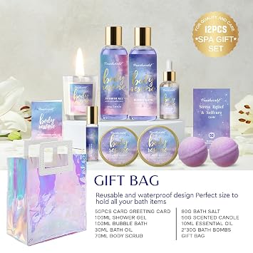 Mother's Day Gift, Spa Kit for Women, 12 Pcs Luxury Bath Skin Care Shower Bath Set, Spa Gift Sets with Reusable Bag, Bath Bomb, Christams Birthday Gifts for Teen Girls, Her, Mom