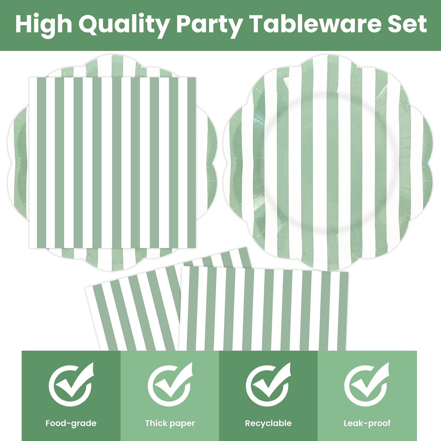 50PCS Sage Green Striped Paper Plates and Napkins Party Supplies, Green and White Scalloped Party Plates and Napkins Tableware Set for Birthday Bridal & Baby Shower Wedding Party Decoration image 3