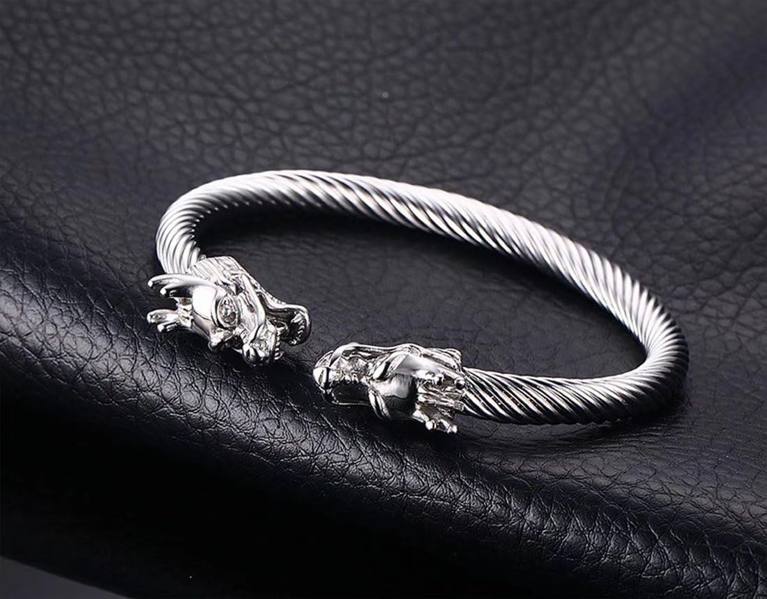 DIB Stainless Steel Opposite Dragon-Themed Twisted Wire Viking Cuff Bangle Bracelet Men,5 Color