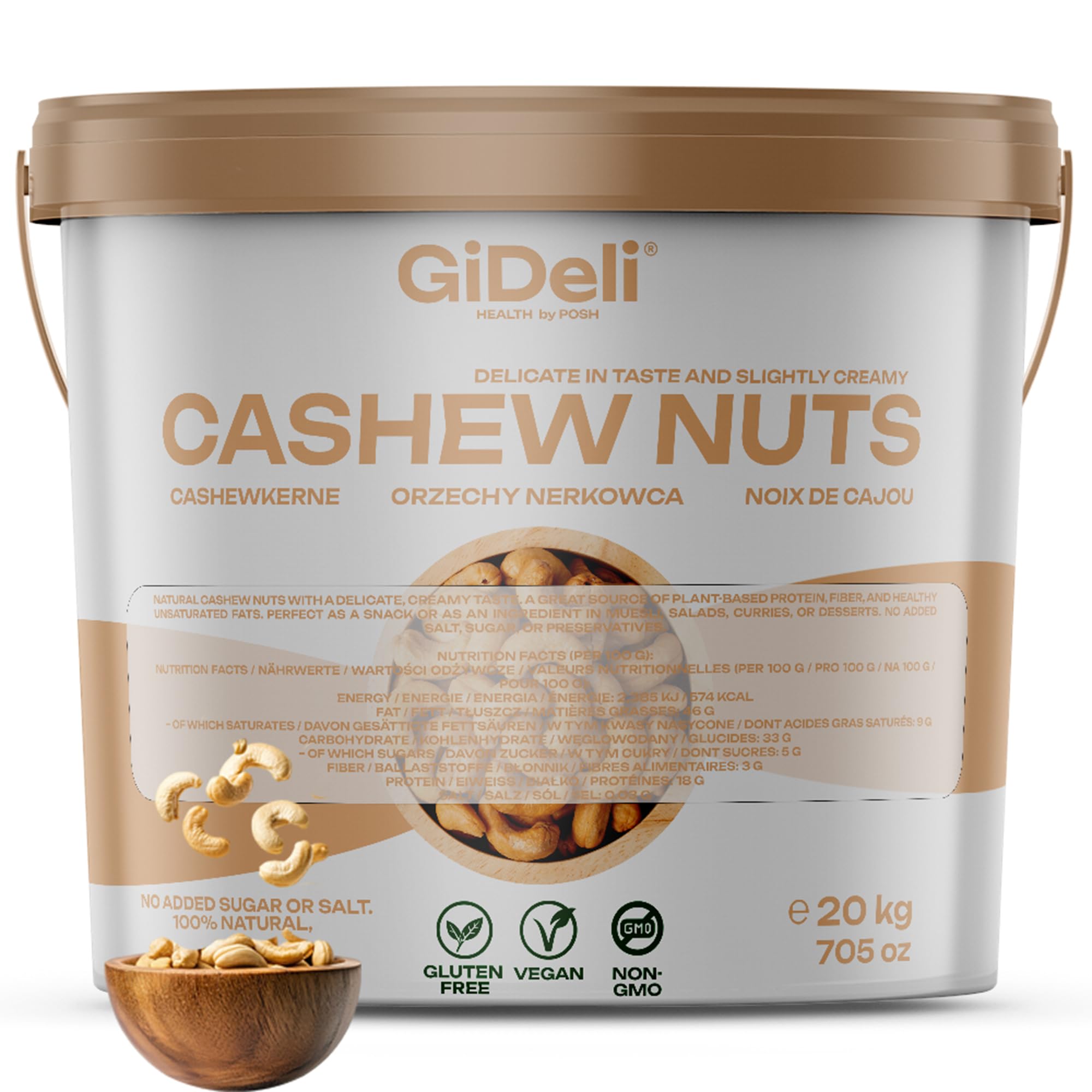 GiDeli Cashewkerne Ganze ungesalzen im Eimer reich an proteinen, vitaminen & mineralstoffen naturbelassen ohne zusatzstoffe, vegan 20kg