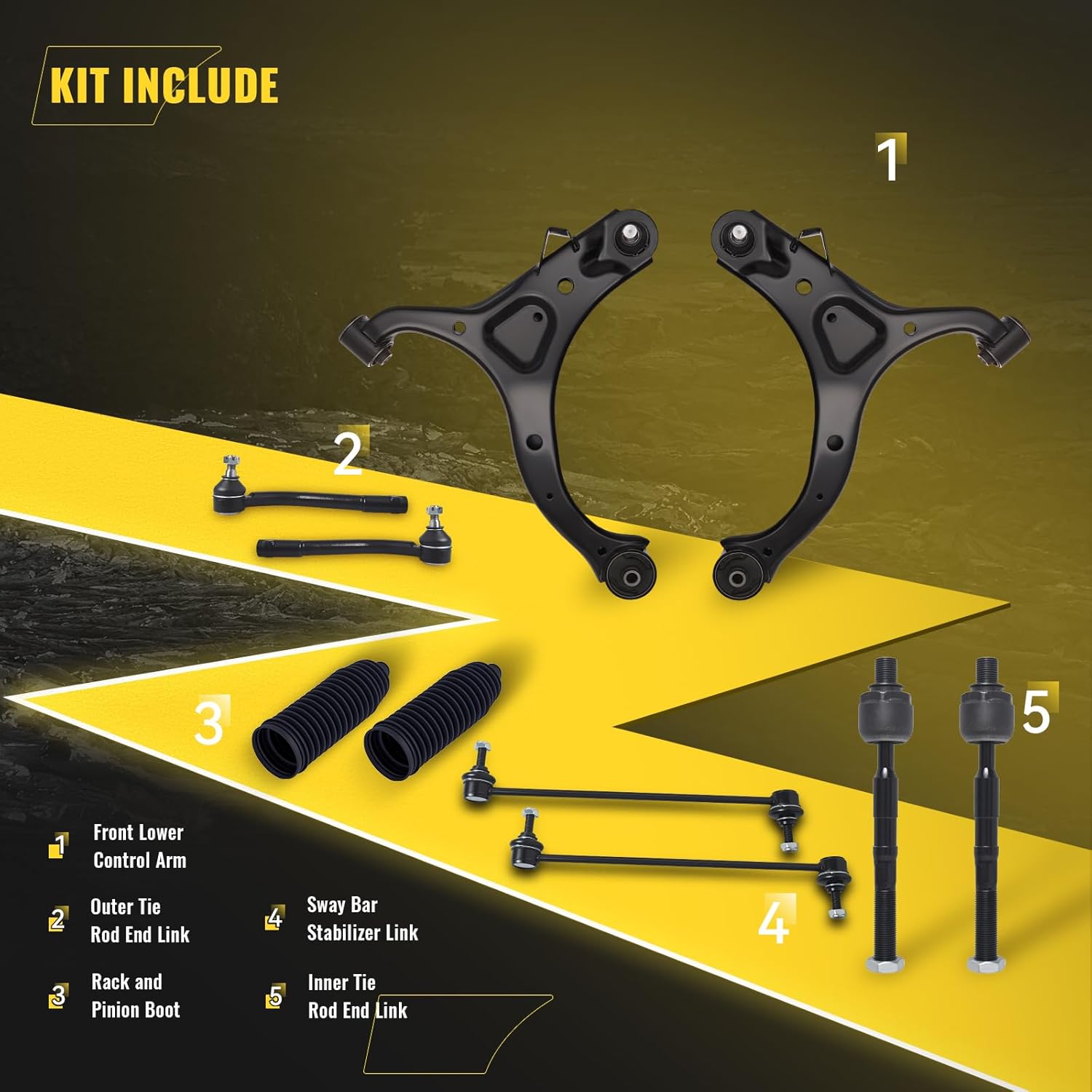 TUCAREST 10Pcs Suspension Kit Fit For 07-12 Hy-undai Santa Fe, 11-13 K-ia Sorento, Front Lower Control Arm w/Ball joint + Outer Inner Tie Rod + Sway Bar + Boots [# K621685 K750204 EV800231 ES800035]