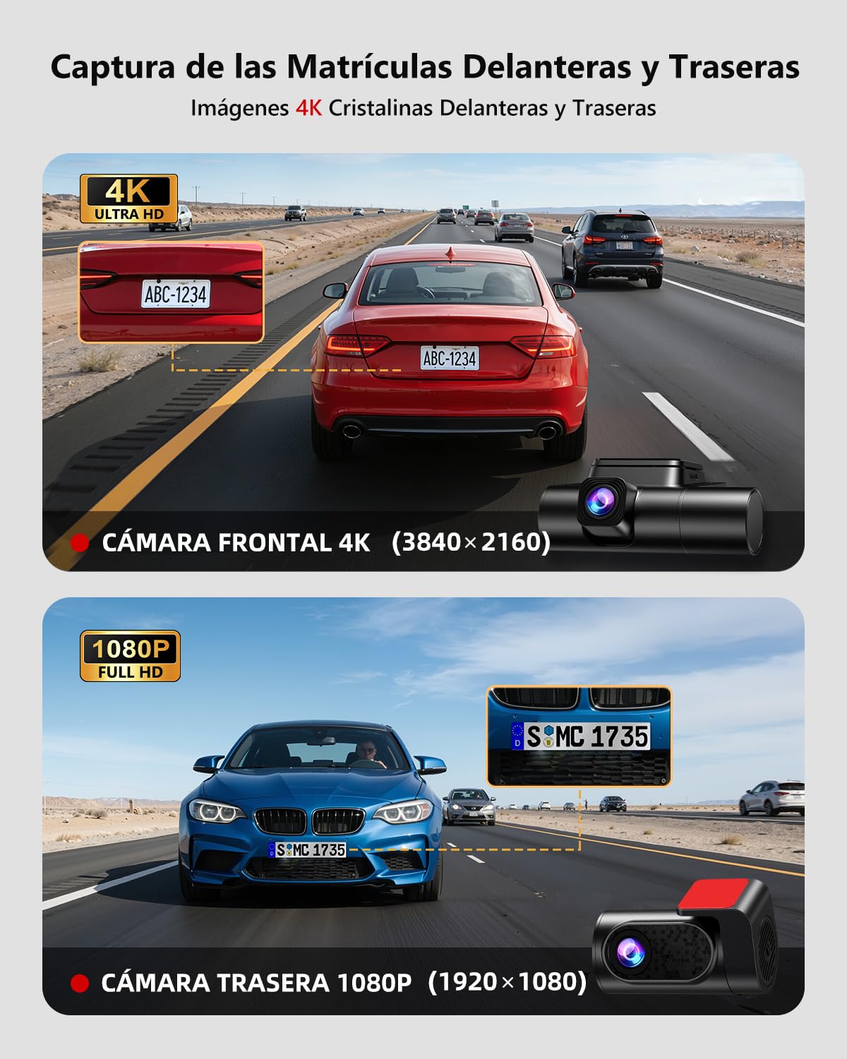 Dashcam 3 Canales STARVIS 2 y HDR - Dashcam Cámara Coche 4K Frontal, Camara vigilancia Coche 1080P Interior y Trasero,WiFi 6,GPS,G-Sensor,vigilancia del estacionamiento Las 24 Horas, Tarjeta de 64GB