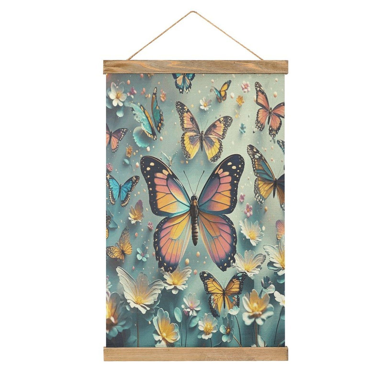 VstaDank Cute Butterflies Hanging Poster with Wooden Frame Modern Linen Hanging Painting Retro Style Wall Decor Art Painting for Living Room,Bedroom Decor Poster Frame 20.4x13.1inch
