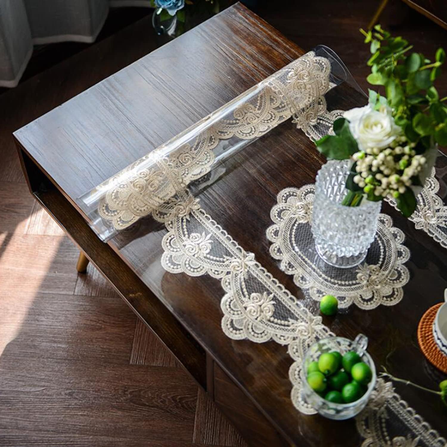 Resistente Al Calor, Cubierta De Mesa De Plástico Impermeable, Fácil De Limpiar, Protector De Mantel De PVC Transparente, Hermoso Cordón De 1,5 Mm De Grosor(Size:90 * 150cm)