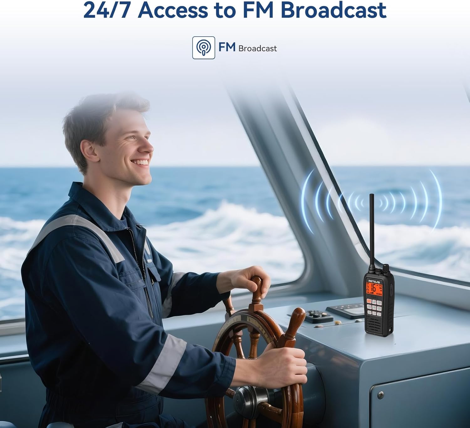 Man on a boat listening to the FM radio on his Retevis RM15.