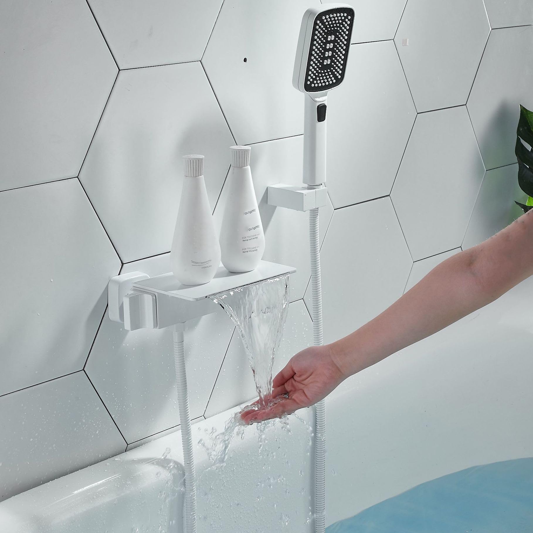 Robinet cascade de baignoire blanc double commande et douchette laiton - 8