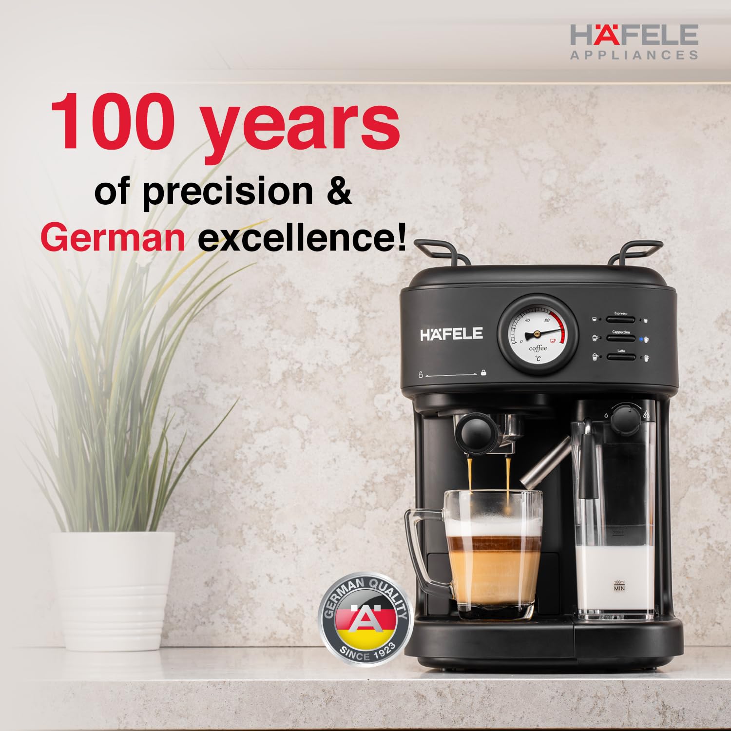 Hafele U-Kaffee Plus Coffee Machine, 15-Bar Pump Pressure, Single/Double Espresso, Cappuccino & Latte,Removable Milk Tank (500 ml), Thermoblock Technology, 1250W 3