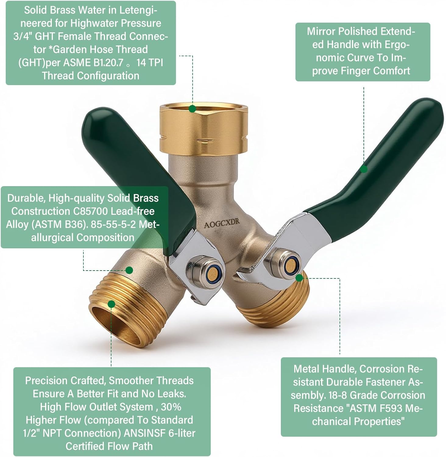 Brass Garden Hose Splitter 2 Way Heavy Duty Adapter, Y Splitter with Shutoff Valve Outdoor Faucet Splitter, 3/4 Inch GHT Thread Connection and Extended Handle Double Hose Bib Splitter