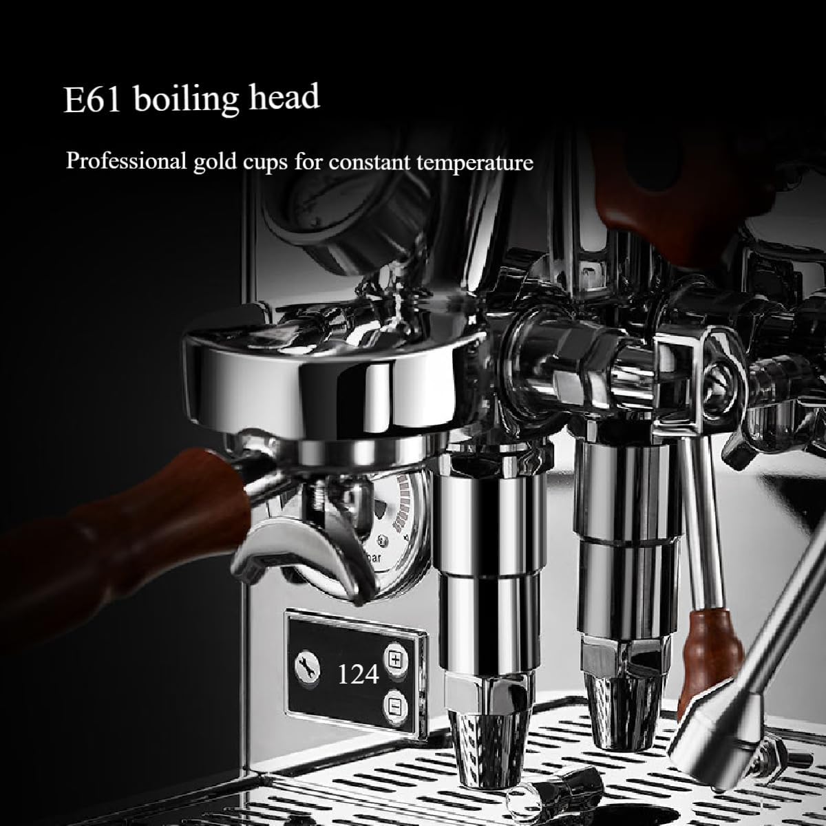 Close-up of E61 brew head on espresso machine