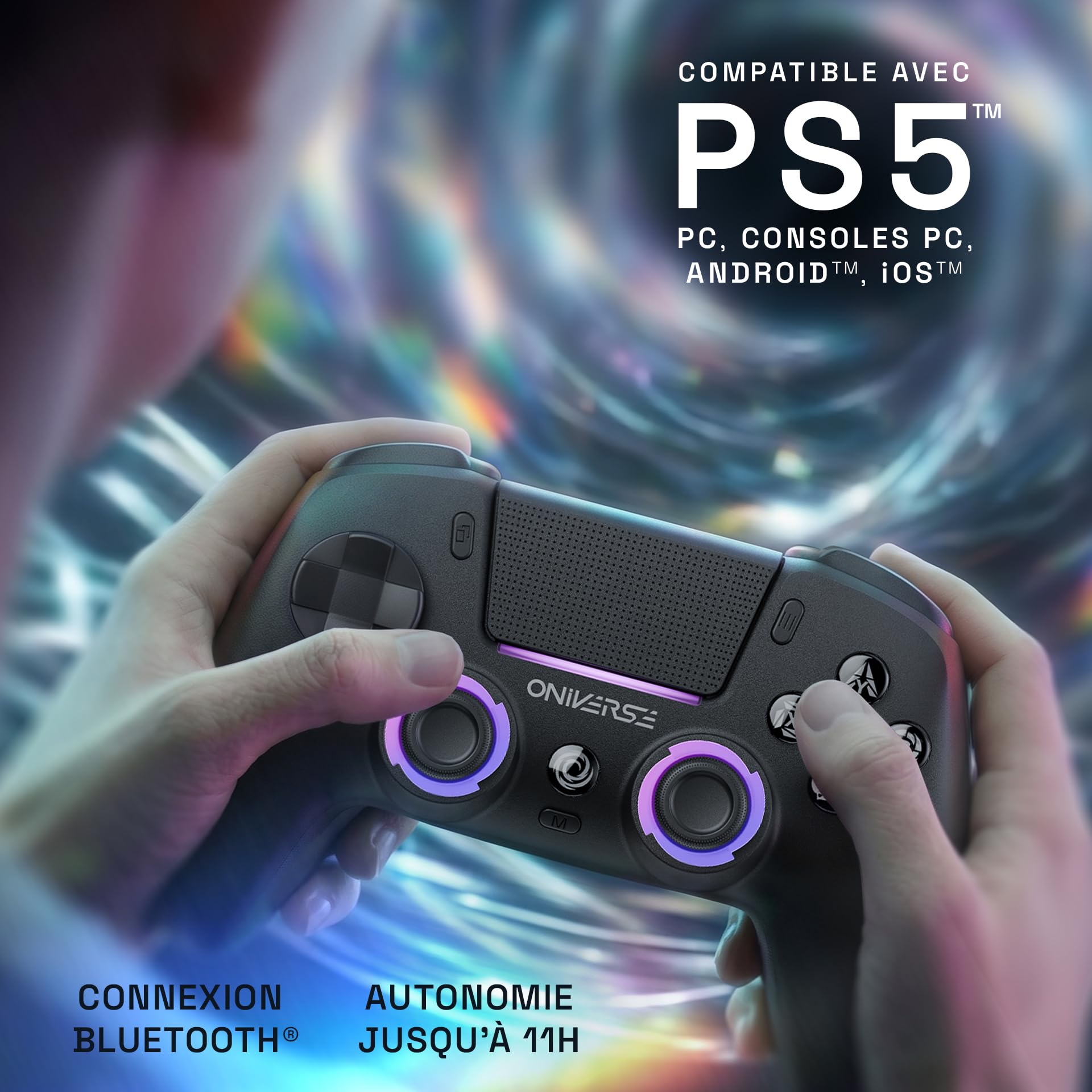 Oniverse Manette sans fil pour PS5/PC/Steam Deck - Starion - Joystick et gâchette Hall Effect, Palettes macro programmables, Gâchettes L4/R4, Pavé tactile, Anti-Drift, Bluetooth/USB-C - Black