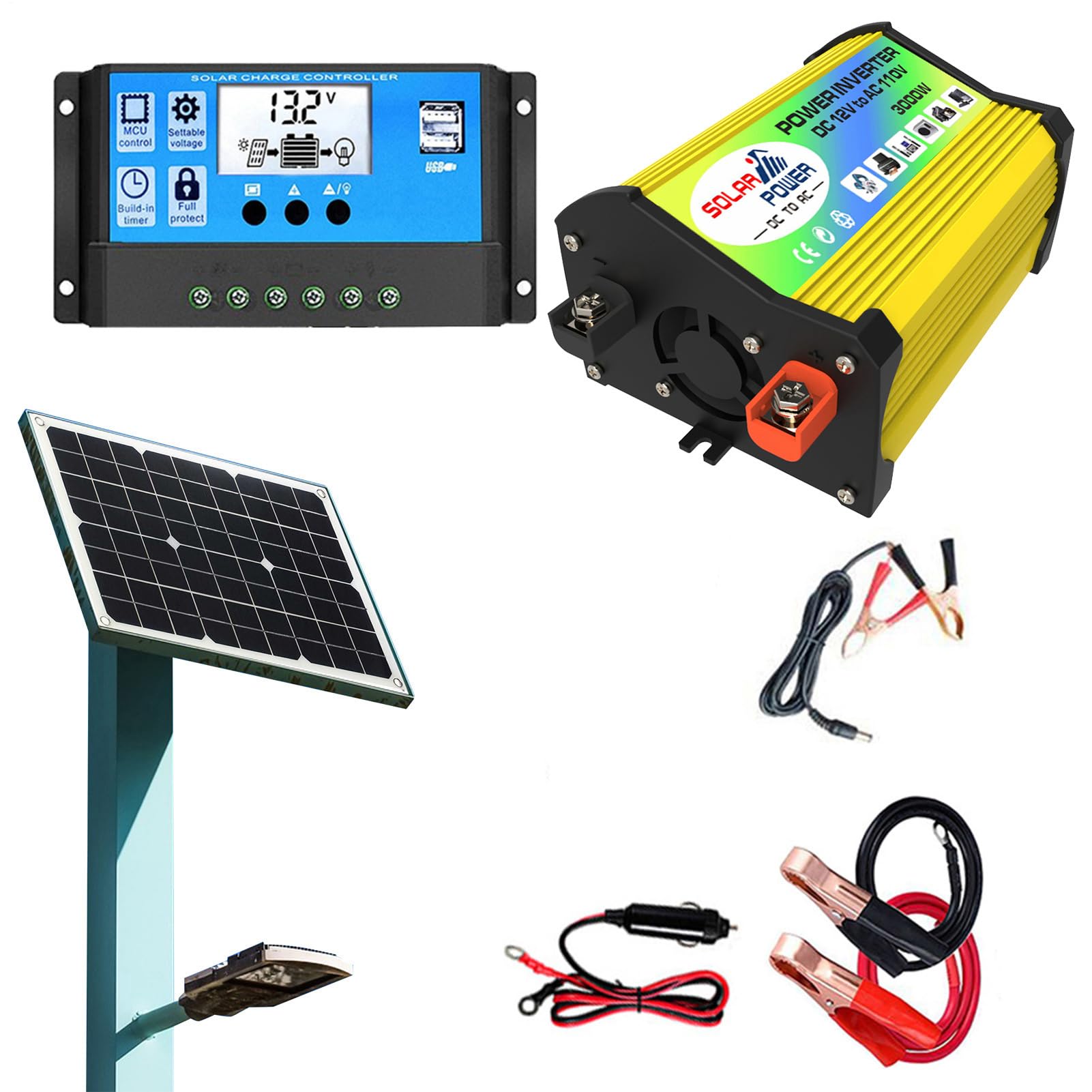 Kit iniziale per pannello solare: controller e inverter inclusi | Kit completo di energia solare per la casa con inverter solare da 3000 W e porte USB di ricarica rapida per casa o camera