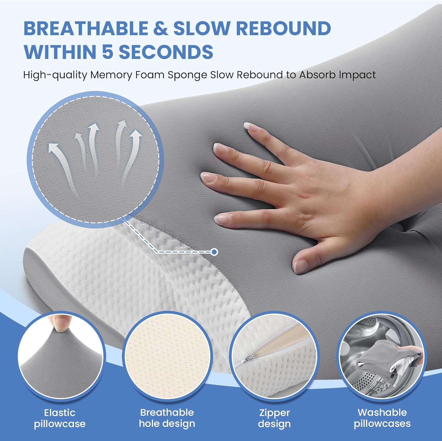 JINXIA Cervical Neck Pillow for Sleeping, Odorless Memory Foam Pillows & Cooling Cover, Ergonomic Orthopedic Neck Support Pillow for Side Back Stomach Sleepers, Neck and Shoulder Pain Relief, Gray - Image 6