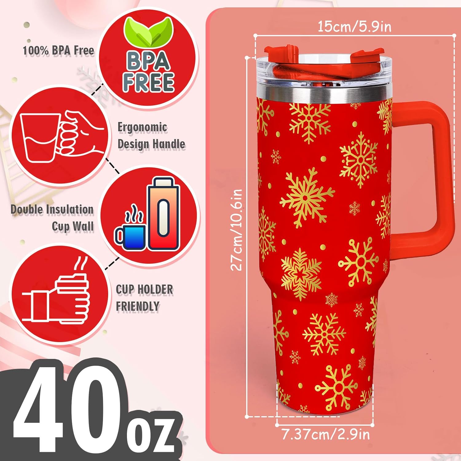 Whaline 40oz Christmas Tumbler with Handle Straw and Lid Red Gold Snowflake Travel Tumbler Coffee Cup for Xmas Winter Holiday Party Home Office - Image 2