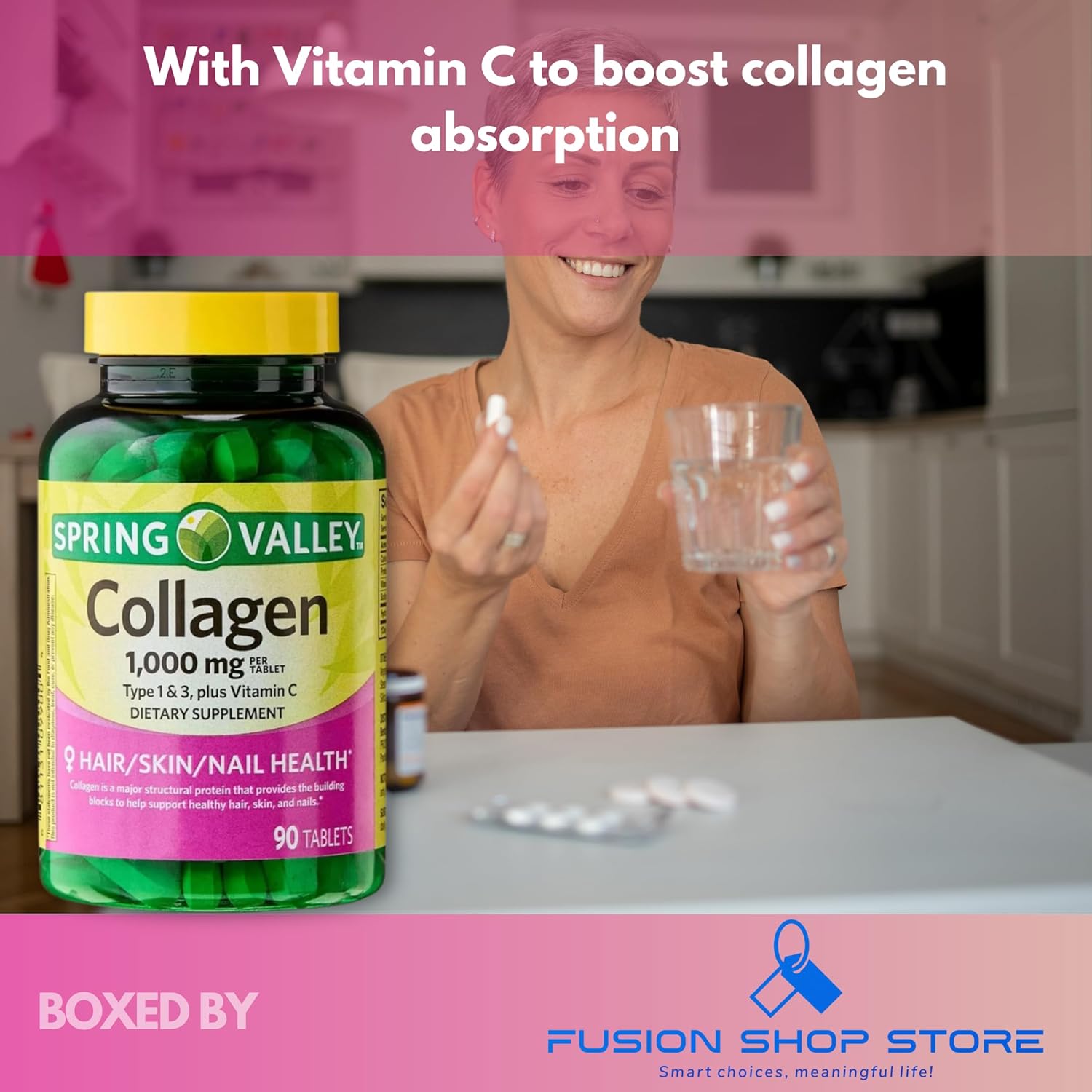 Collagen Plus Vitamin C- Tablets 1000mg Hair Skin and Nails, 90ct (Pack of 1), Boxed by Fusion Shop Store