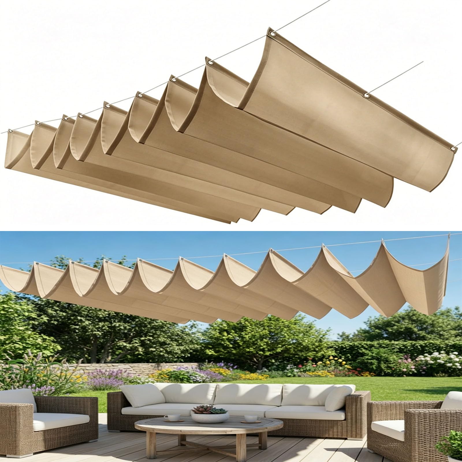 Voile d'ombrage Rétractable 250 x 500 cm Store Ondulé sur Mesure Imperméable, de Protection UV, Protection Solaire Toile Ombrage Imperméable pour Extérieur Jardin, Kaki