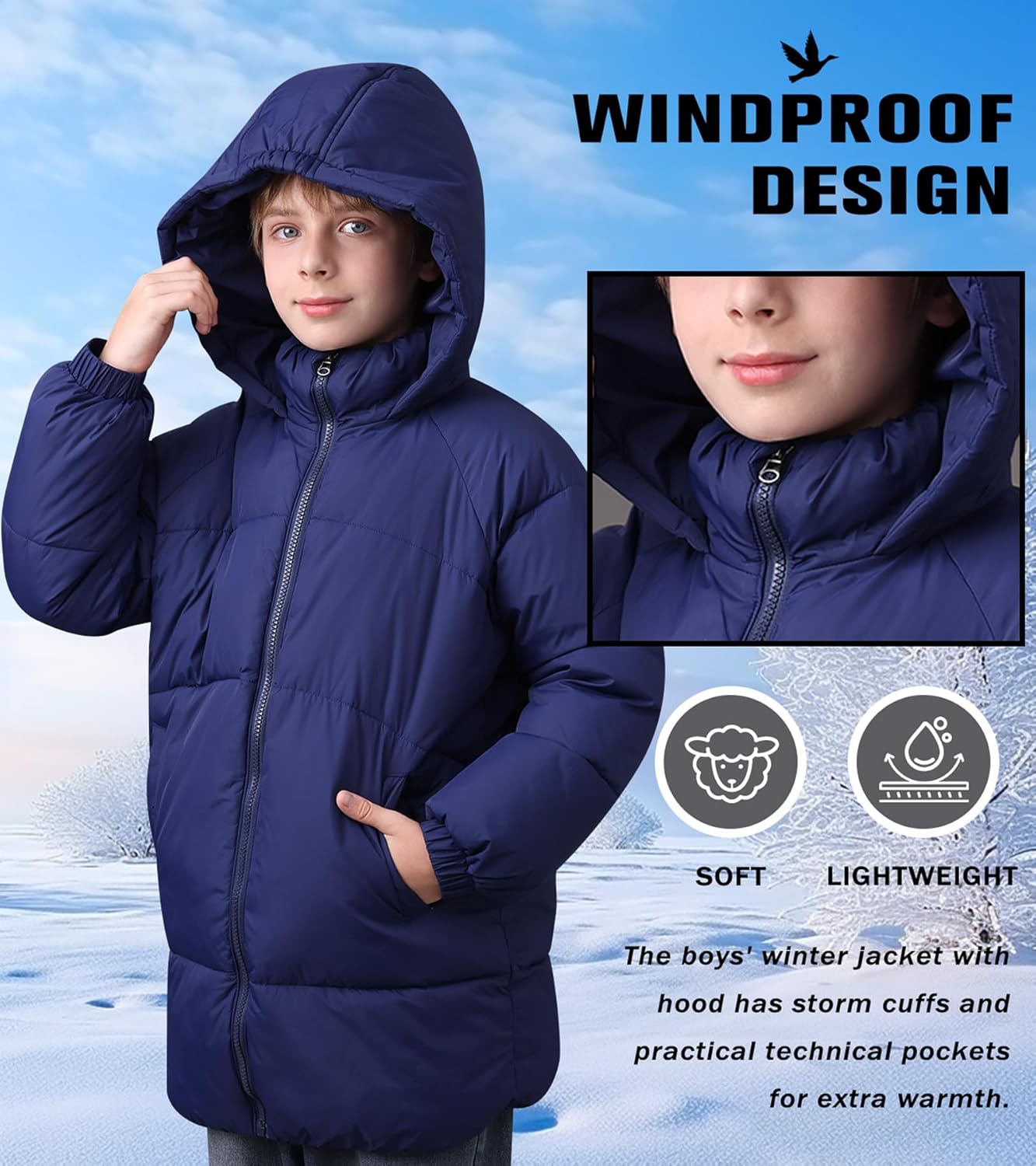 uideazone Boys' Winter Coat Medium Length Warm Hooded Puffer Jacket Down-like Cotton Waterproof Outwear 5-12Y - Image 3