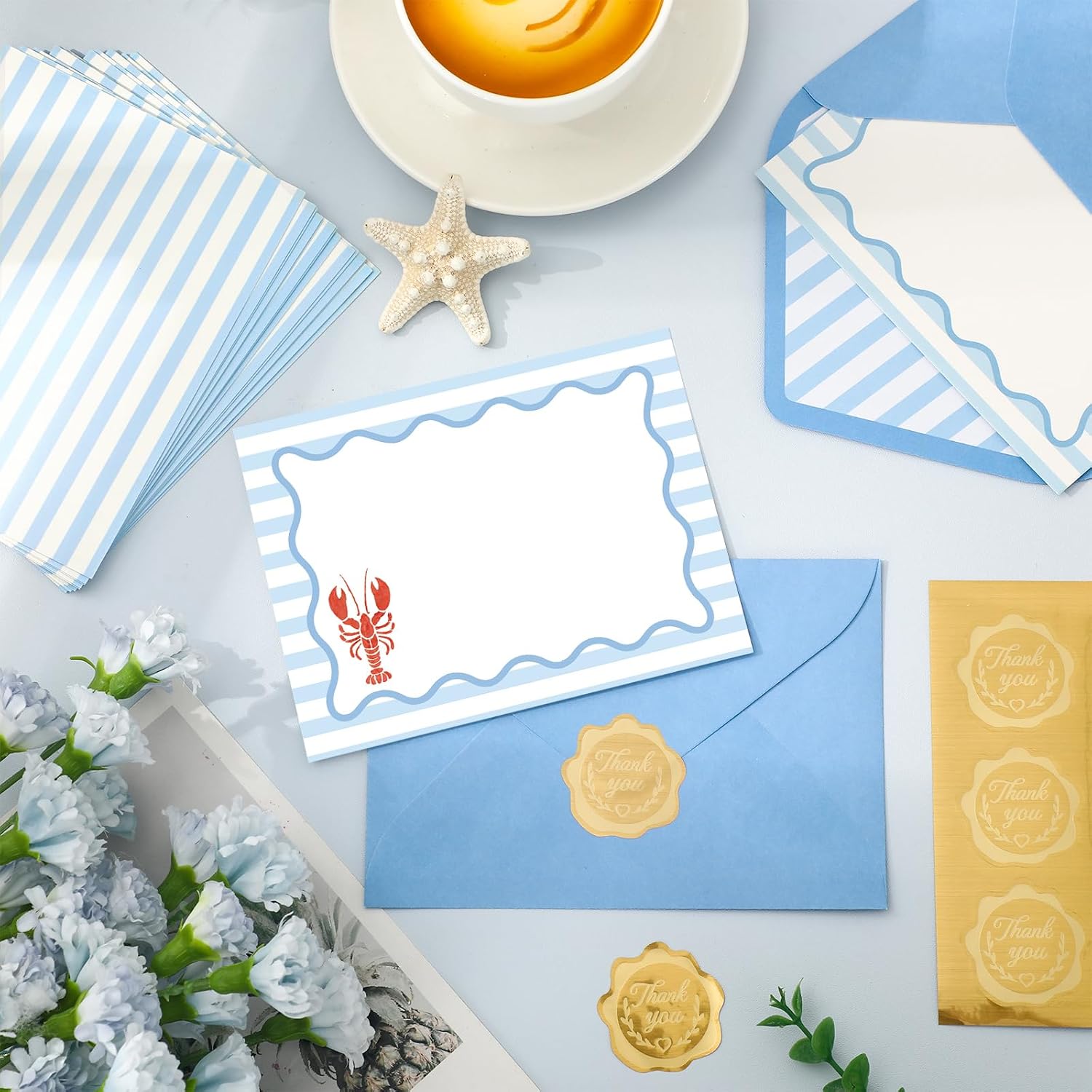 Whaline 24Pcs Lobster Flat Blank Notes with Envelopes Blue Stripe Crawfish Blank Index Cards Non Folding Double-Sided Note Cards for Summer Birthday Baby Shower, 5.5 x 4.3 Inch