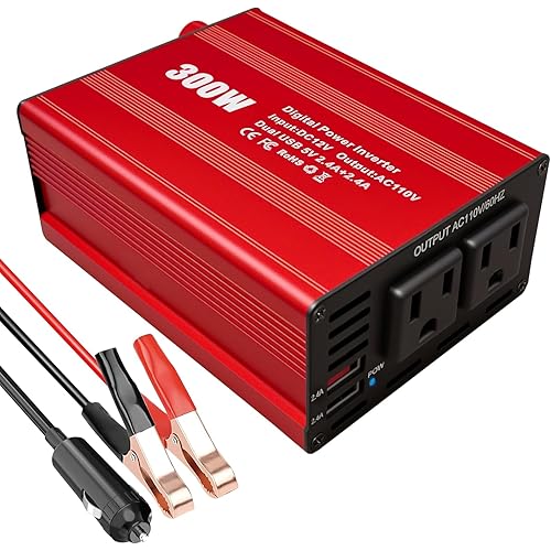 300W Car Power Inverter 12V to 110V,Car Charger Dual AC Outlet 2 USB-A DC to AC Car Inverter, Power Inverters for Vehicles, Car Charger Adapter for Laptop, Vehicles, Road Trip Essentials (Red)