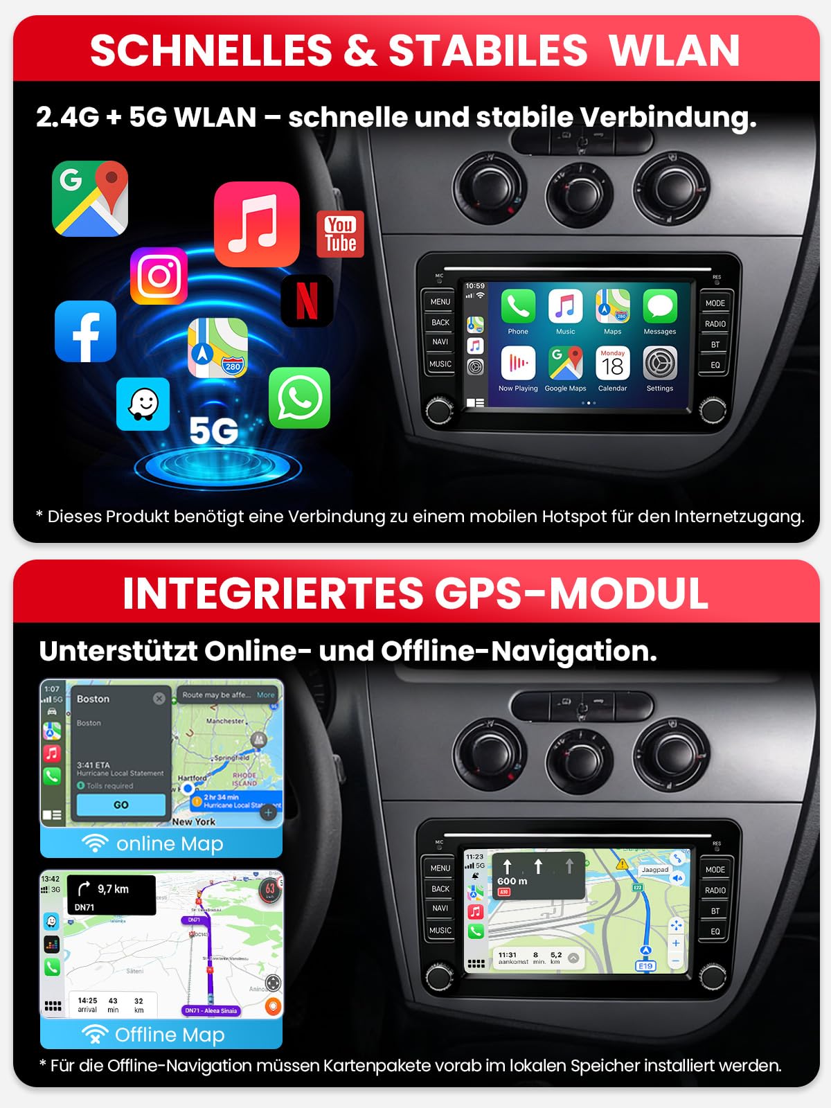 Doppel DIN Autoradio mit Bildschirm für SEAT Leon (2005–2012), Wireless CarPlay & Android Auto, 7" Auto Radio Touch Display, 4GB+64GB, Bluetooth 5GHz WiFi DAB+ FM AUX GPS