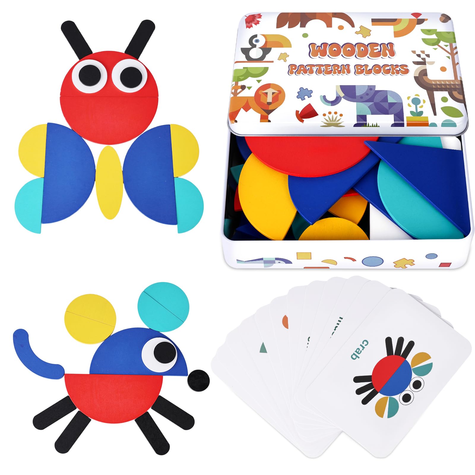 MCPINKY 36 Blocks&60 Cards Wooden Pattern Blocks, Open Ended Wooden Shape Puzzles Tangram Shape Puzzle Montessori Preschool Education Toy for Toddler Kids