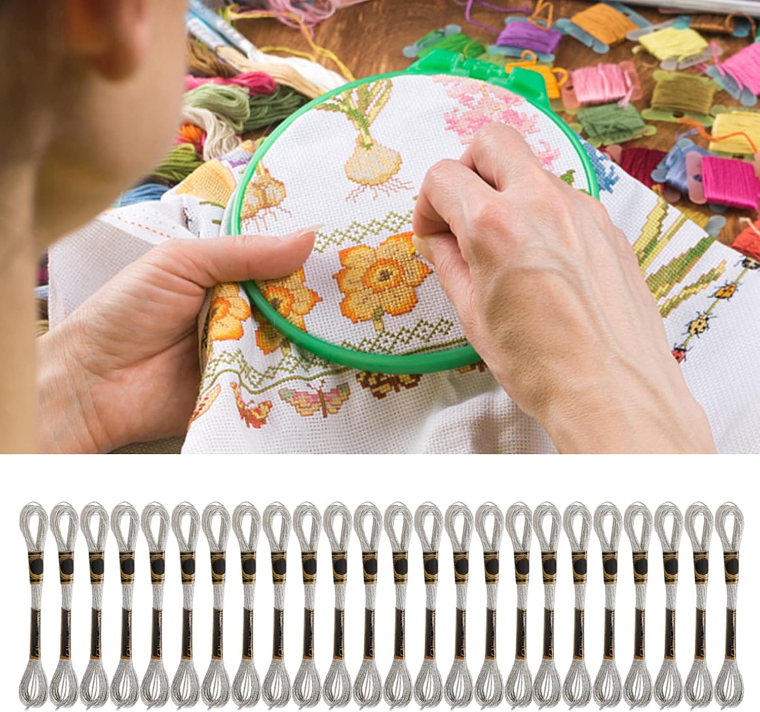 Metallic Embroidery Thread for Bracelets, 24 Skeins Assorted Colors Floss Kit for DIY Crafts, Cross Stitch, Hand Embroidery and Friendship Bracelet Making