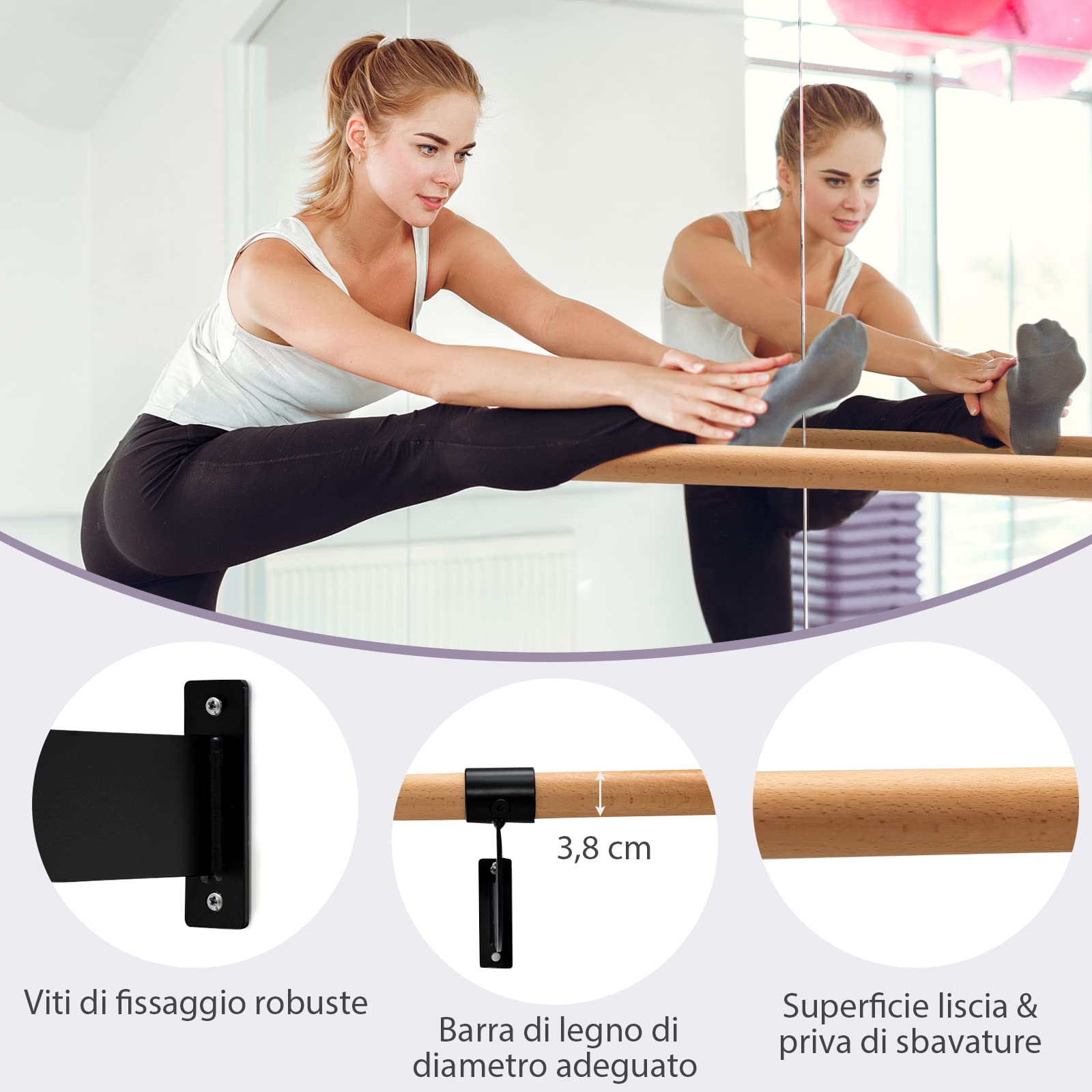 COSTWAY Sbarra Danza Classica da Parete, Barra per Balletto Singola, Idelae per Yoga, Stretching, Allenamento e Pose di Balletto, 120 x 15,5 x 31 cm