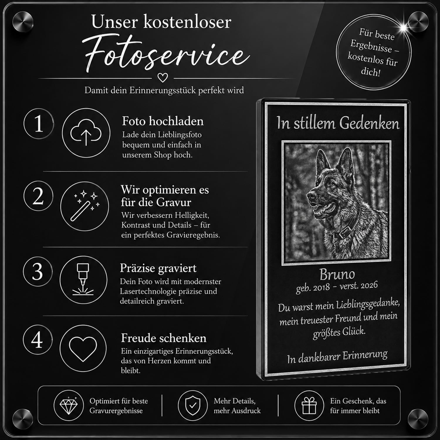 Personalisierte Hunde Gedenktafel mit Foto & Wunschtext Gravur – Edle Erinnerung & Trauerkarte aus schwarzem Acrylglas – Besonderes Andenken Regenbogenbrücke – Made in Austria
