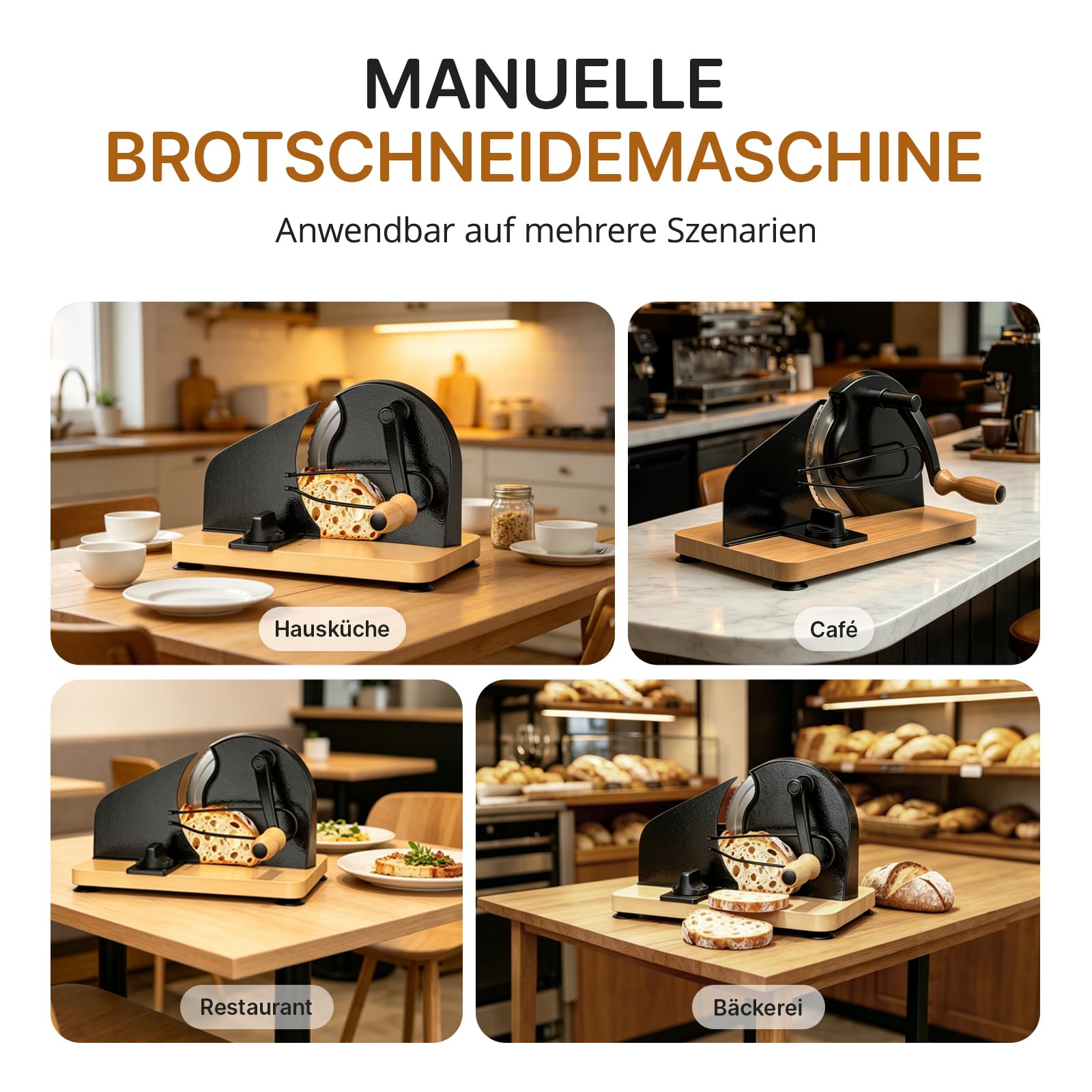 Brotschneidemaschine Manuell mit Handkurbel | Einstellbare Scheibendicke | Scharfe Edelstahlklinge & Buchenholz Basis | Rutschfest durch Saugnäpfe | Kompakt für selbstgemachtes Brot & Sauerteigbrot