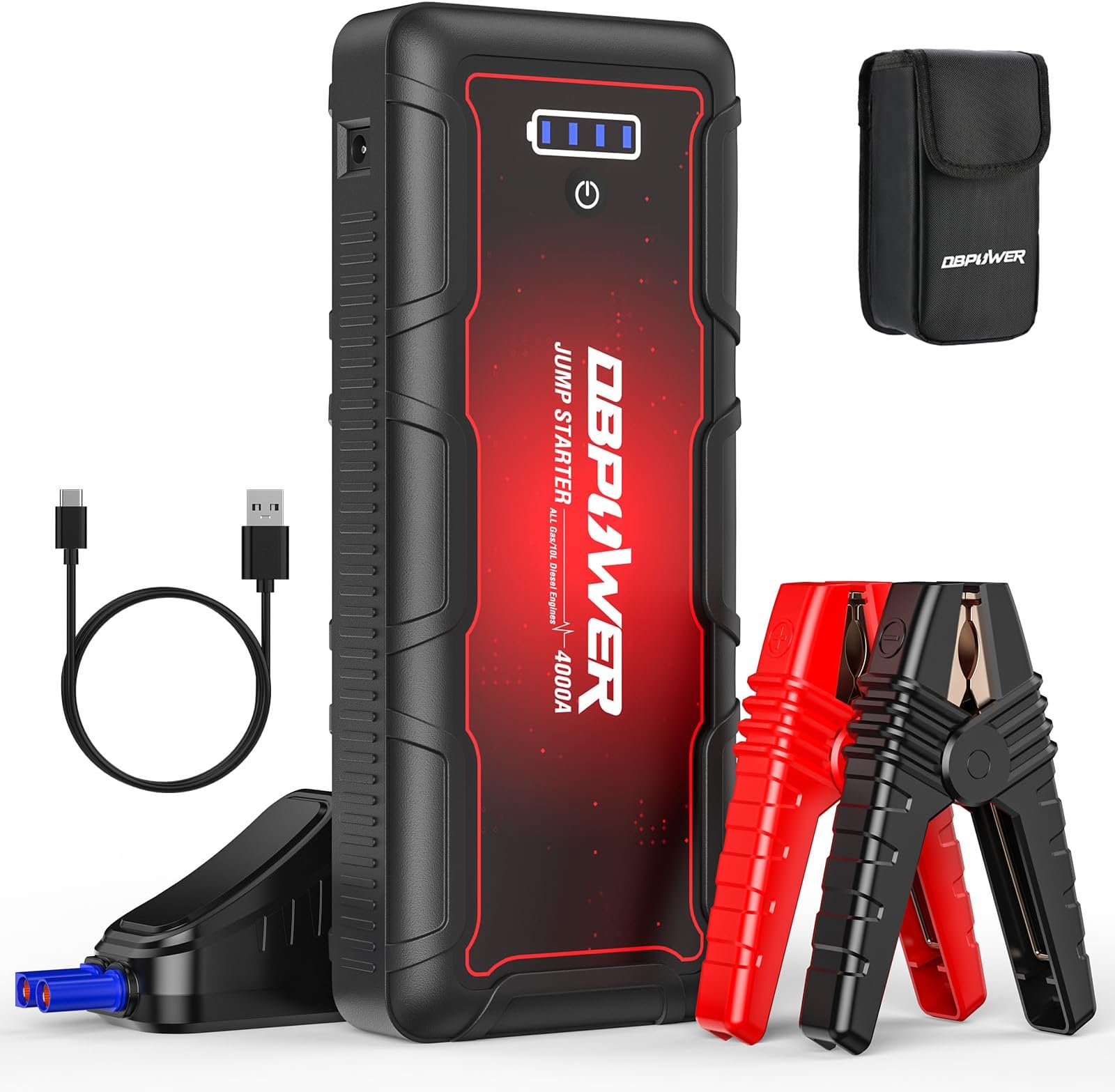 - DBPOWER Jump Starter 4000A Peak 88.8Wh Portable Car Jump Starter (Up to All Gas/10L Diesel Engine) 12V Auto Battery Booster Pack with Smart Clamp Cables,Quick Charge, LED Light Jump Box