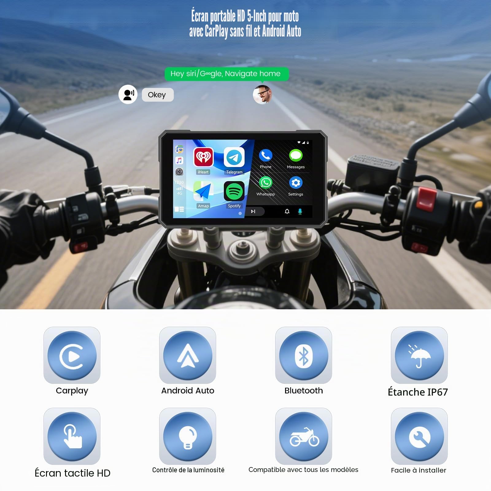 SIXWIN Carplay Moto 5 Pouces Carplay sans Fil & Android Auto,Navigation GPS Moto IP68 Écran Voiture, USB Port, Audio BT, EQ,Siri,Assistant G00gle,Support Universel pour Moto/Voiture