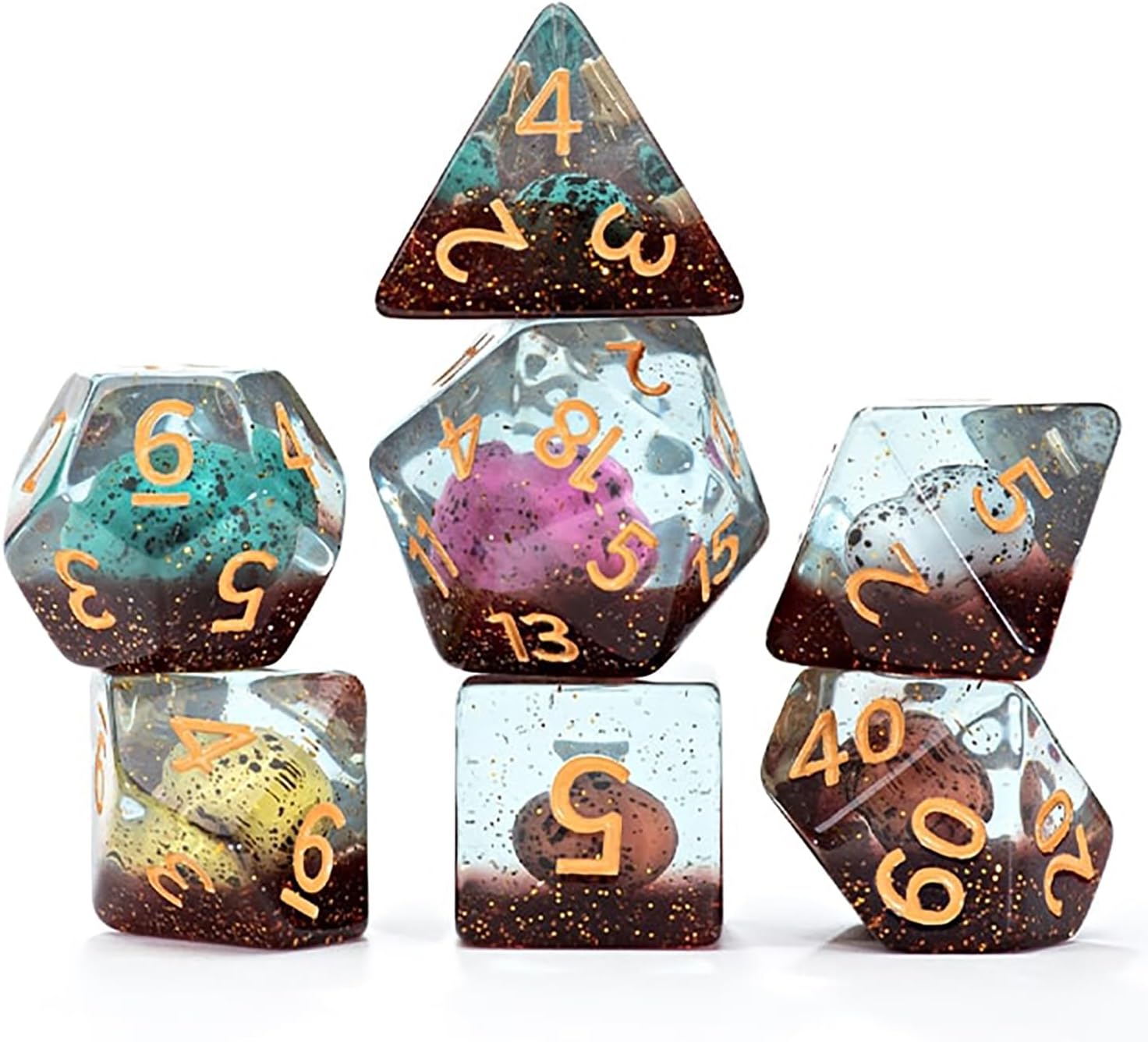 Gate Keeper Games and Dice: Inclusion Dice: Dinosaur Eggs - 7pc RPG Set, Multi-Colored Dino Eggs & Brown Glitter in Clear Resin, Role Playing Games