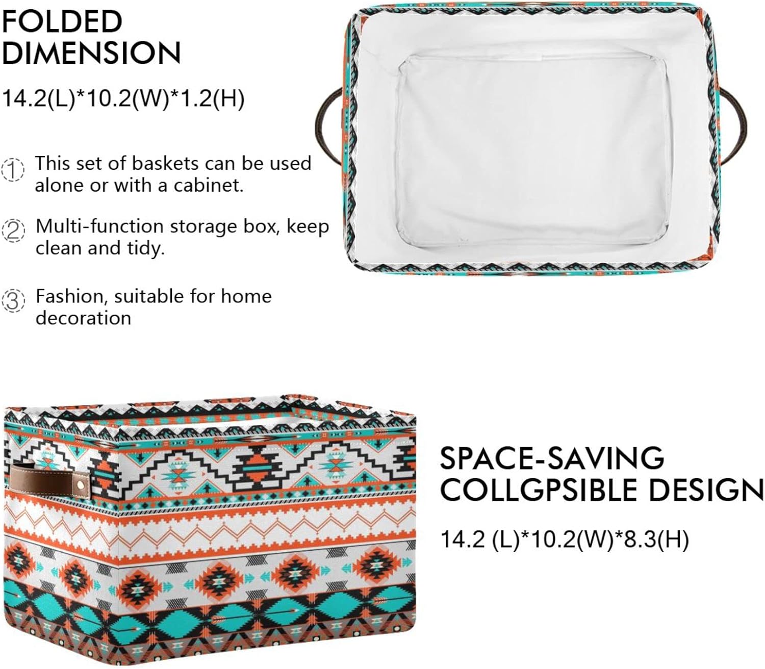 Ethnic Aztec Print Storage Basket With Leather Handles - Native American Collapsible Bin, Retro Tribal Navajo Large Cube Box Organizer for Closet, Toys, Clothes - 2PCS