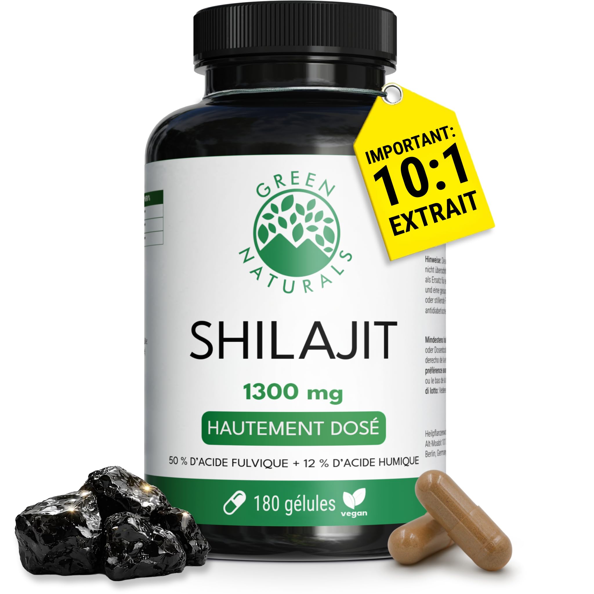 Green Naturals® Shilajit Himalaya Original – Extrait concentré 10:1 – 1300 mg par jour – 50% d’acide fulvique & 12% d’acide humique – 3 mois (180 gélules)