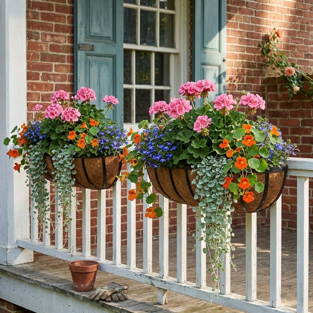 24 Inch Railing Planter Boxes with Adjustable Brackets for Hanging Outdoor Plants, Window Box Planter with Coco Liner for Balcony Deck Porch & Patio Garden Decor, 2 Pack & Black