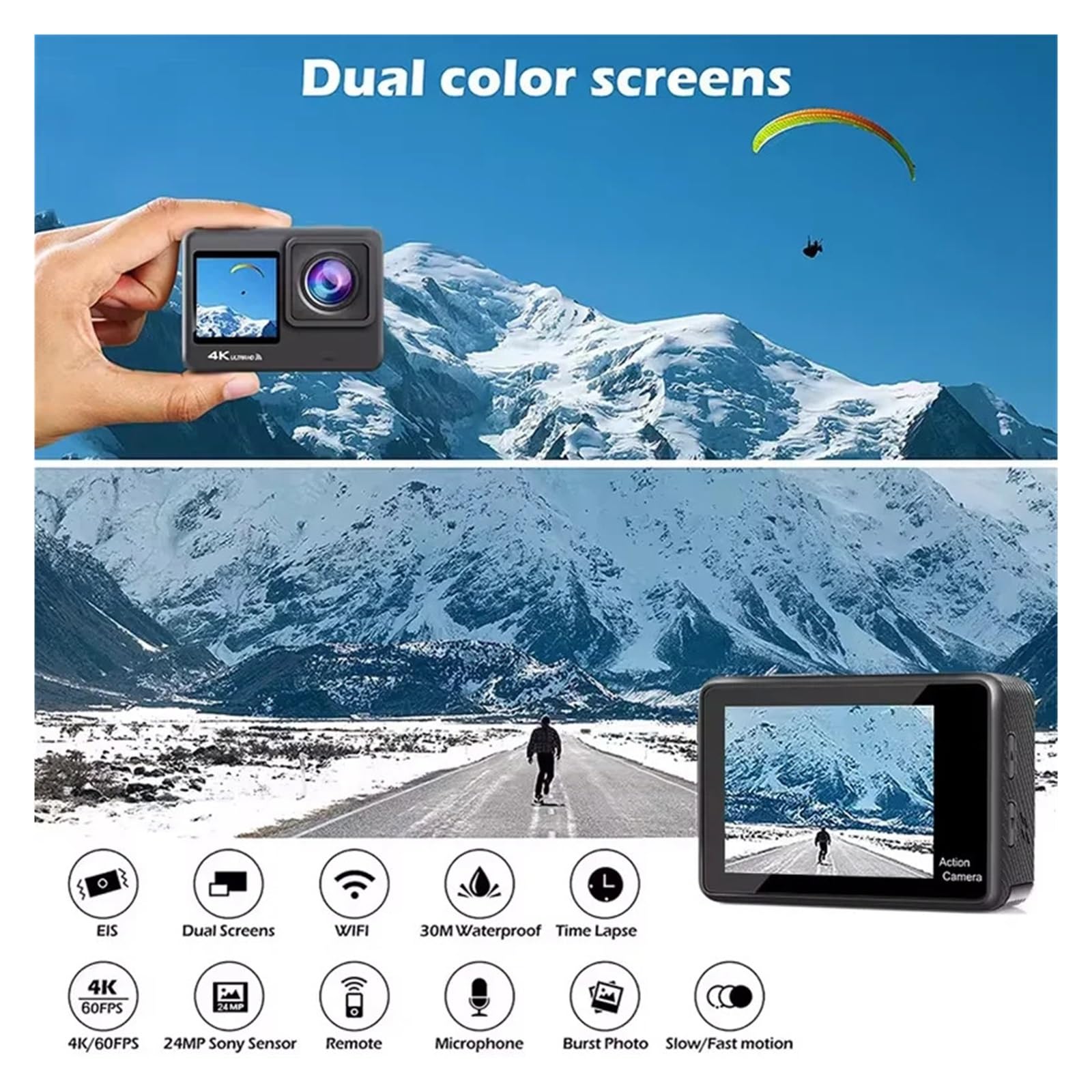 Macchina fotografica sportiva d'azione 4K UHD WiFi Obiettivo grandangolare da 120 ° 2.0 pollici IPS Display a doppio schermo Videocamera for registrazione video 30M impermeabile 1080P