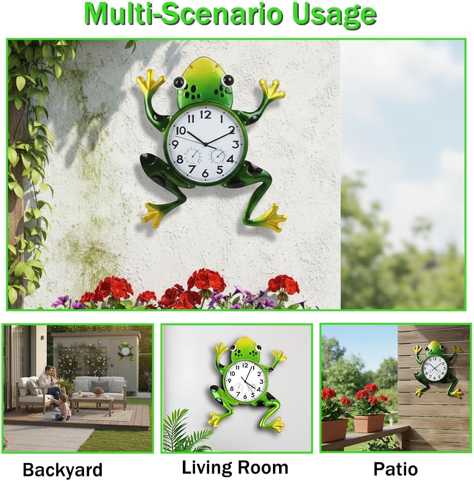 Large Outdoor Clock, Frog Outdoor Wall Clock with Thermometer & Humidity, Silent Non-Ticking Outside Clock for Patio, Living Room, Kitchen