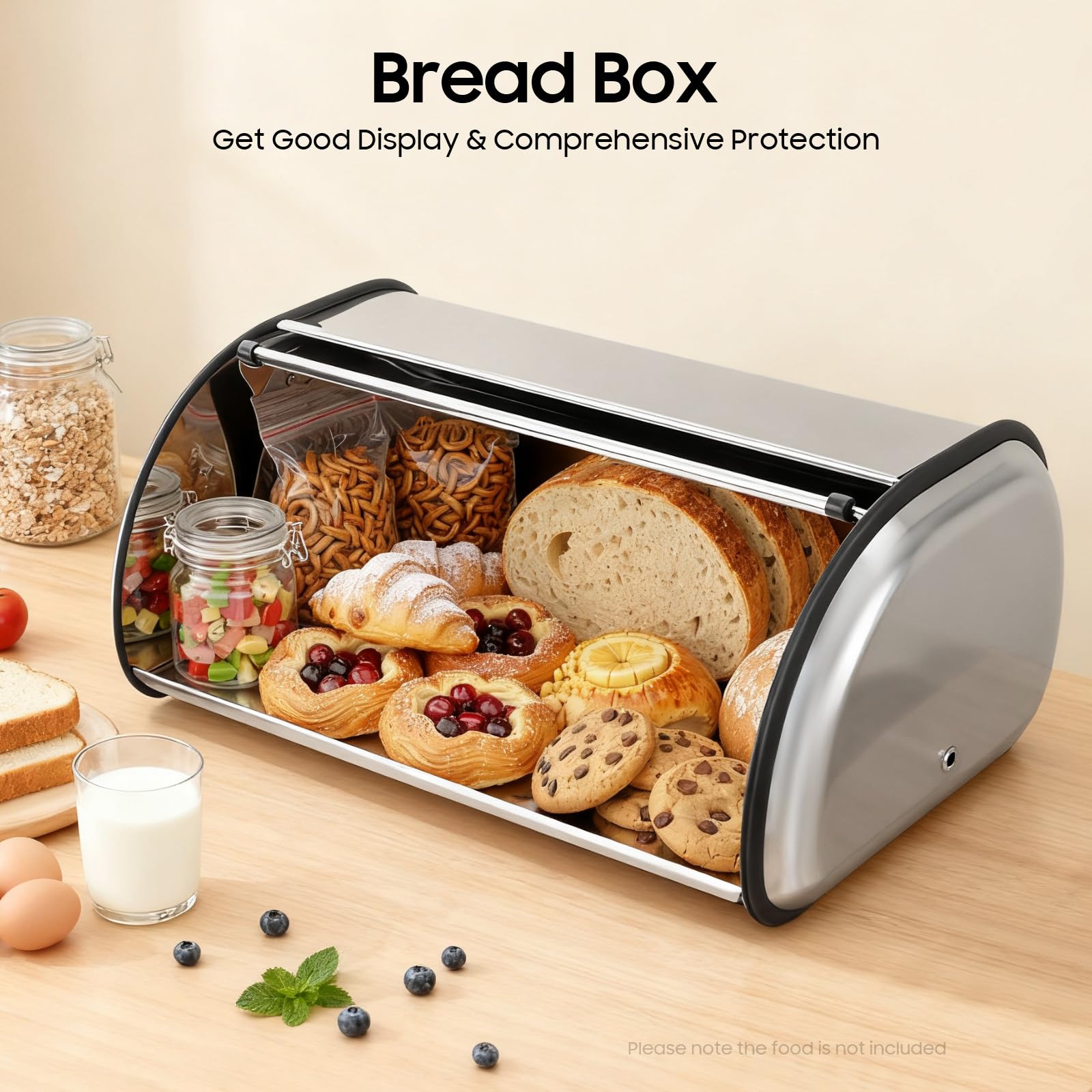 Panera de acero inoxidable, 43,5 x 27 x 18 cm, con tapa enrollable, para pasteles, bollos, pasteles, tortitas, color plateado