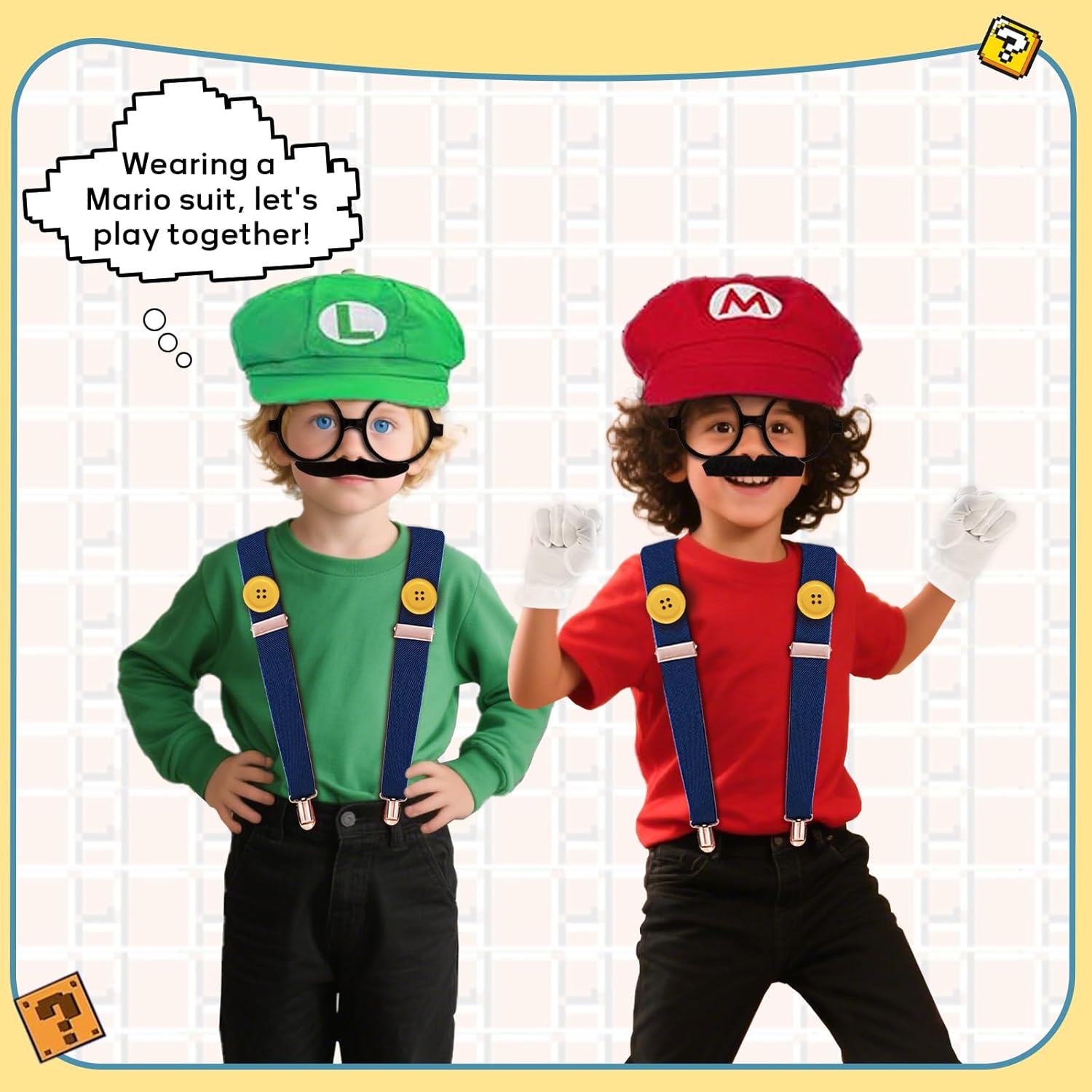 Super Bros Costume Kit with Hat, Mustaches, Suspenders, Gloves Buttons ang Glasses frame for Halloween, Cosplay and Christmas - Image 5