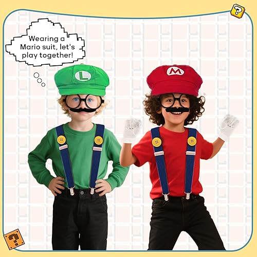 Miniatura 5 de Super Bros Costume Kit with Hat, Mustaches, Suspenders, Gloves Buttons ang Glasses frame for Halloween, Cosplay and Christmas