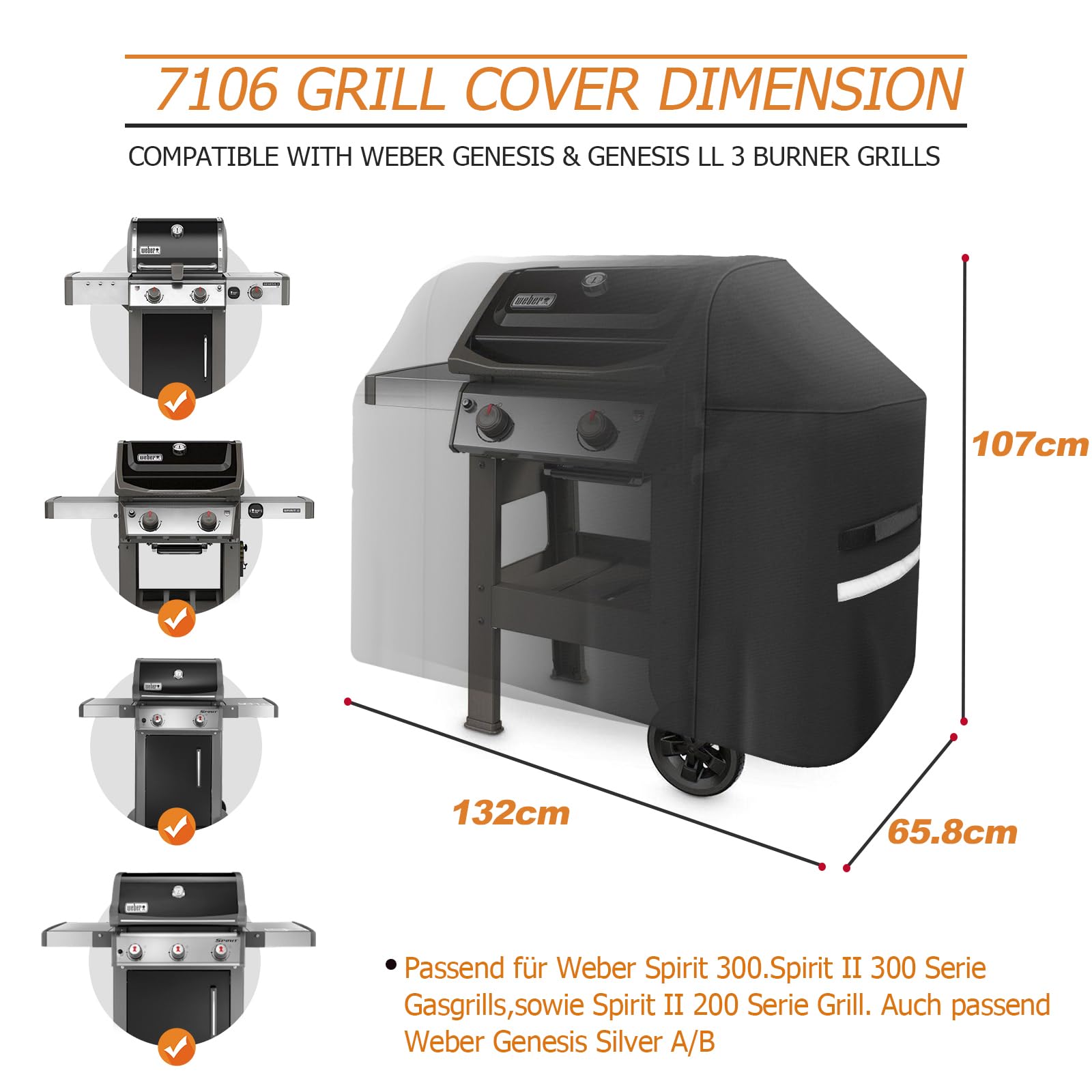 7106 Grillabdeckung für Weber Spirit 200 und 300 Serie Grills, Wetterfest Grill Abdeckung for Spirit II 300 Series, Heavy Duty 132CM Ersatz Abdeckhaube Gasgrill Uv-Beständige für Weber Spirit II E310