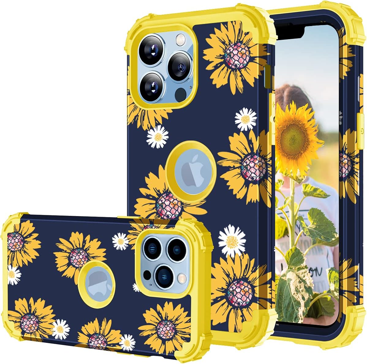 Fingic iPhone 13 Pro Case, iPhone 13 Pro Case Sunflower 3 in 1 Heavy Duty Protection Hybrid Hard PC Soft Silicone Rugged Bumper Full-Body Shockproof Protective Case for iPhone 13 Pro 5G (6.1"), Yellow