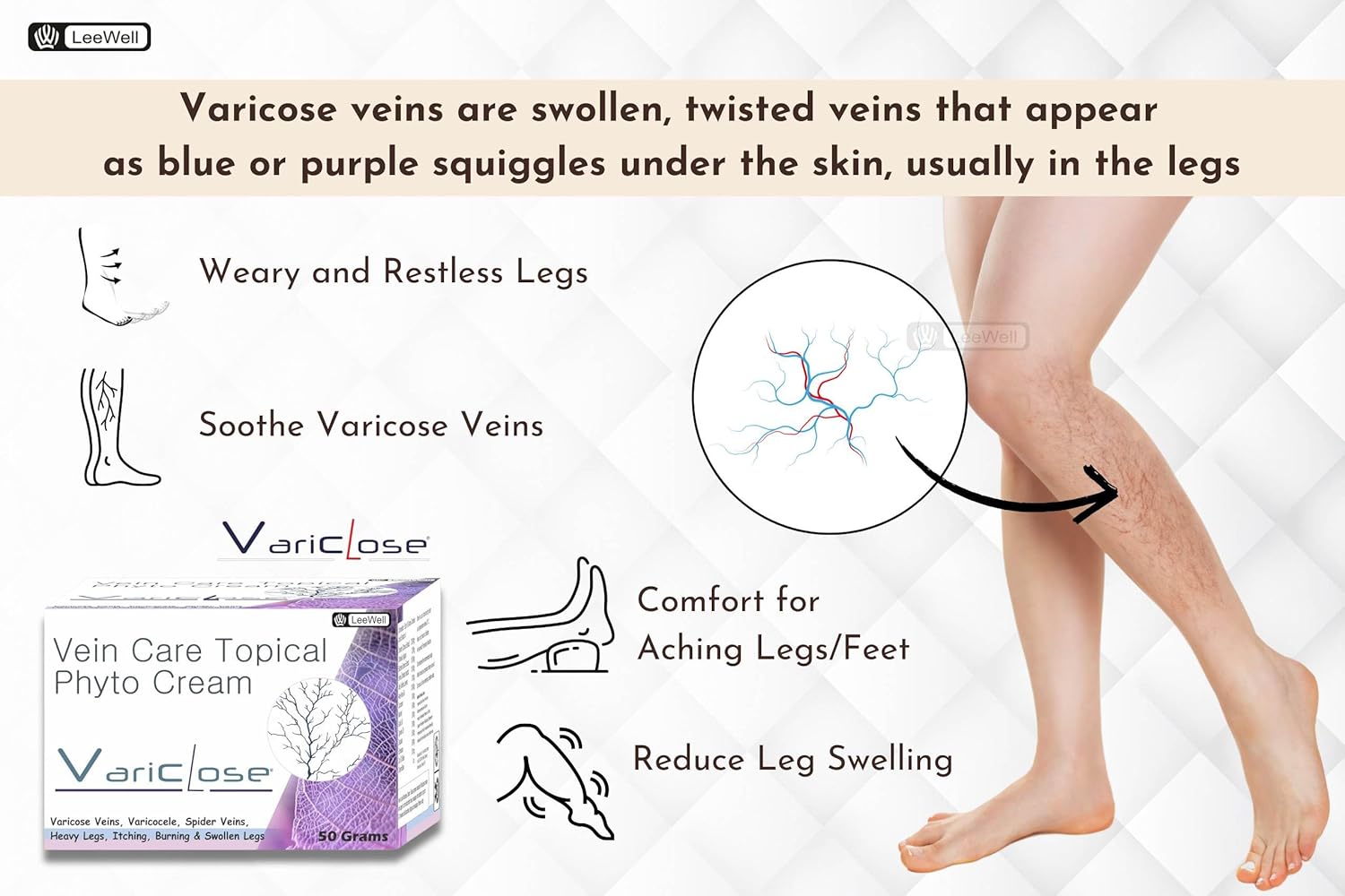 Variclose® Ayurvedic Varicose Veins Cream for Spider Veins, Varicocele, External Piles, Enlarged Swollen Vessels micro Circulation | Multi Functional Venous Insufficiency Health Aid Gel Base - 50 Grams (LeewellPharma) 8 71M3eyV3XfL. SL1500