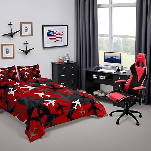 Miniatura 6 de Juego de ropa de cama con diseño de avión de camuflaje, tamaño individual para niños, negro, gris, rojo, camuflaje, juego de edredón de 2 piezas,
